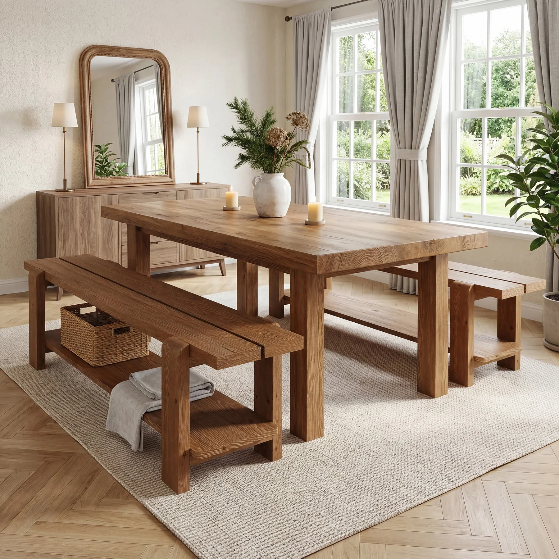 63" Solid Wood Dining Bench, Rustic Kitchen Bench with Storage Shelf (Only Bench) - Image 4