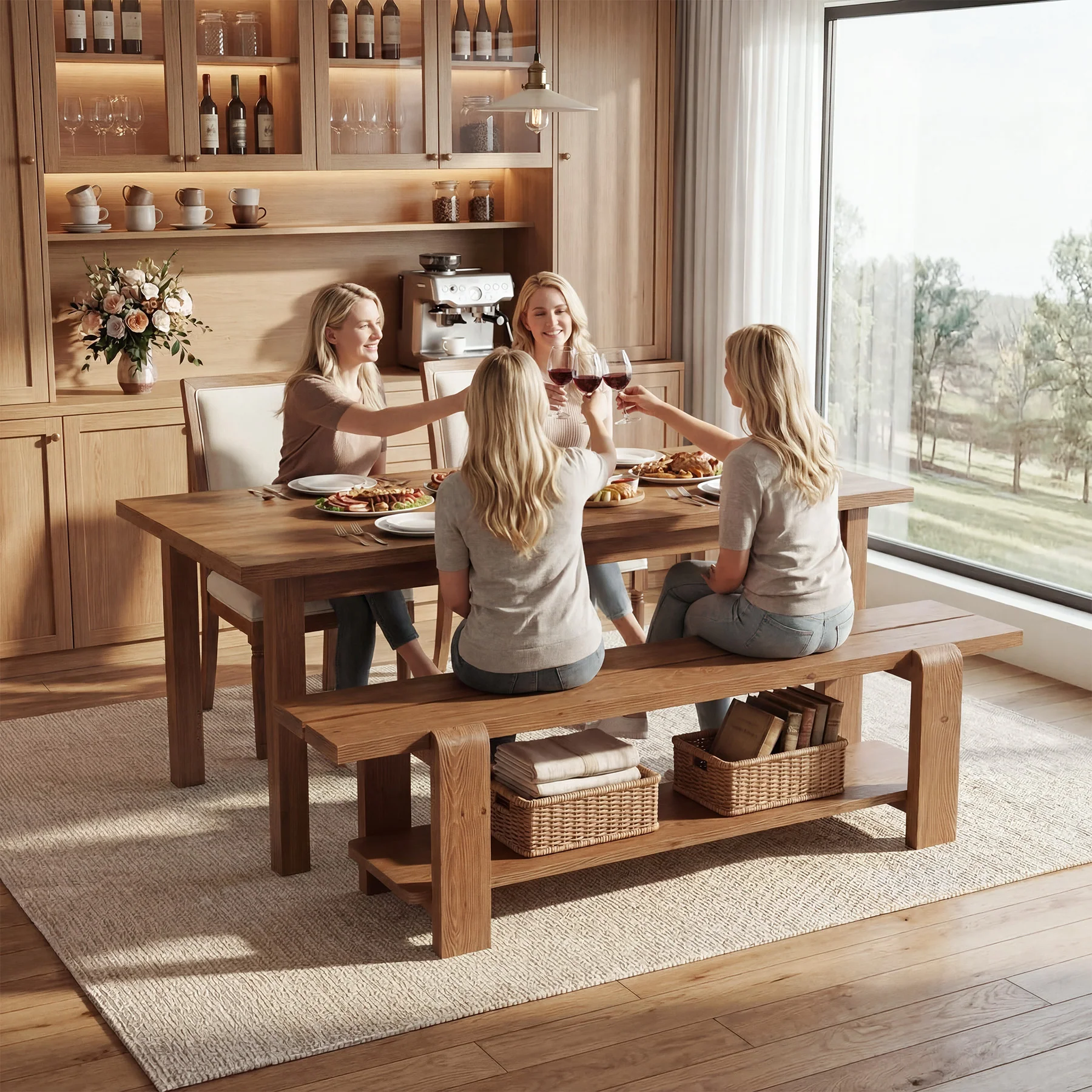 63" Solid Wood Dining Bench, Rustic Kitchen Bench with Storage Shelf (Only Bench) - Image 5