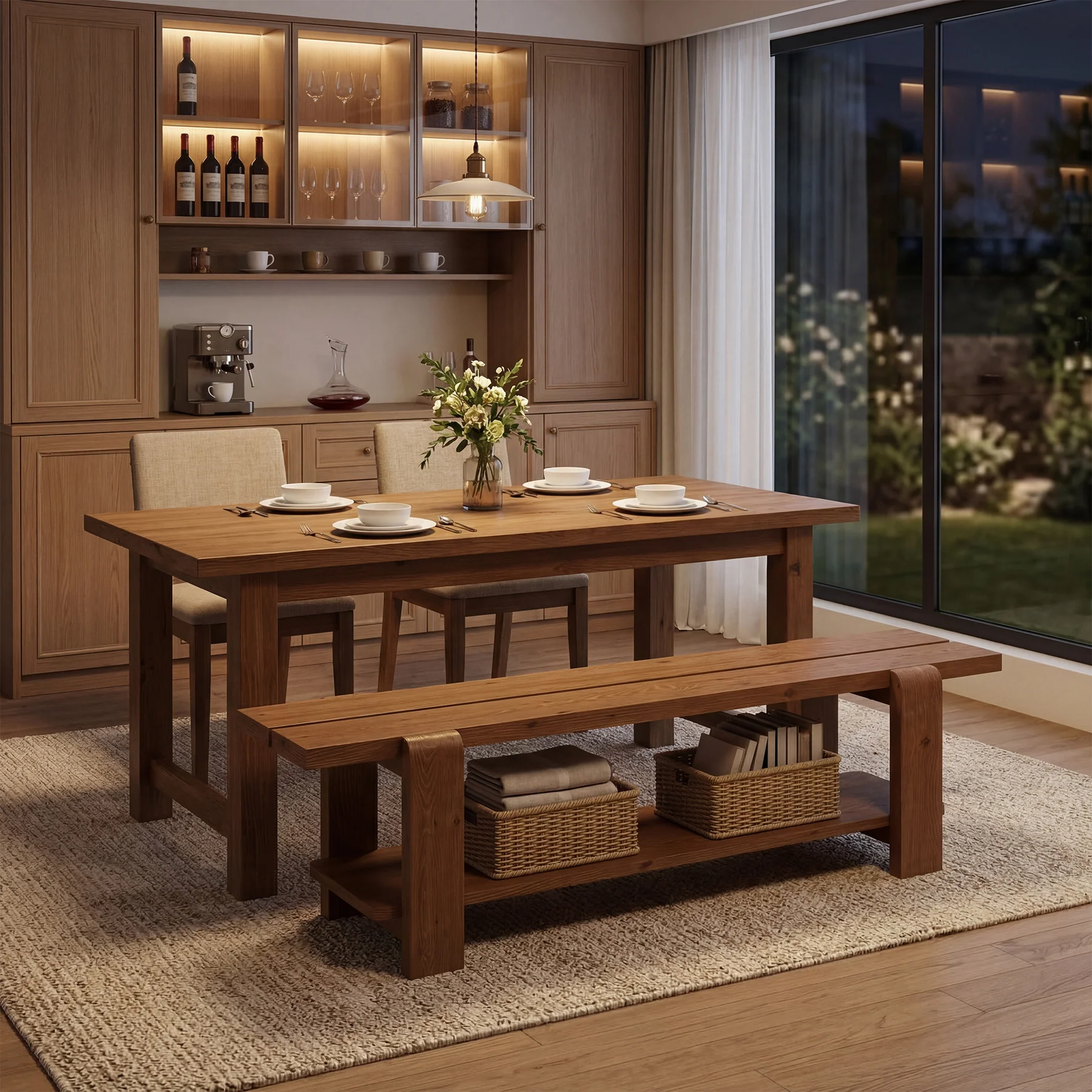 63" Solid Wood Dining Bench, Rustic Kitchen Bench with Storage Shelf (Only Bench) - Image 6