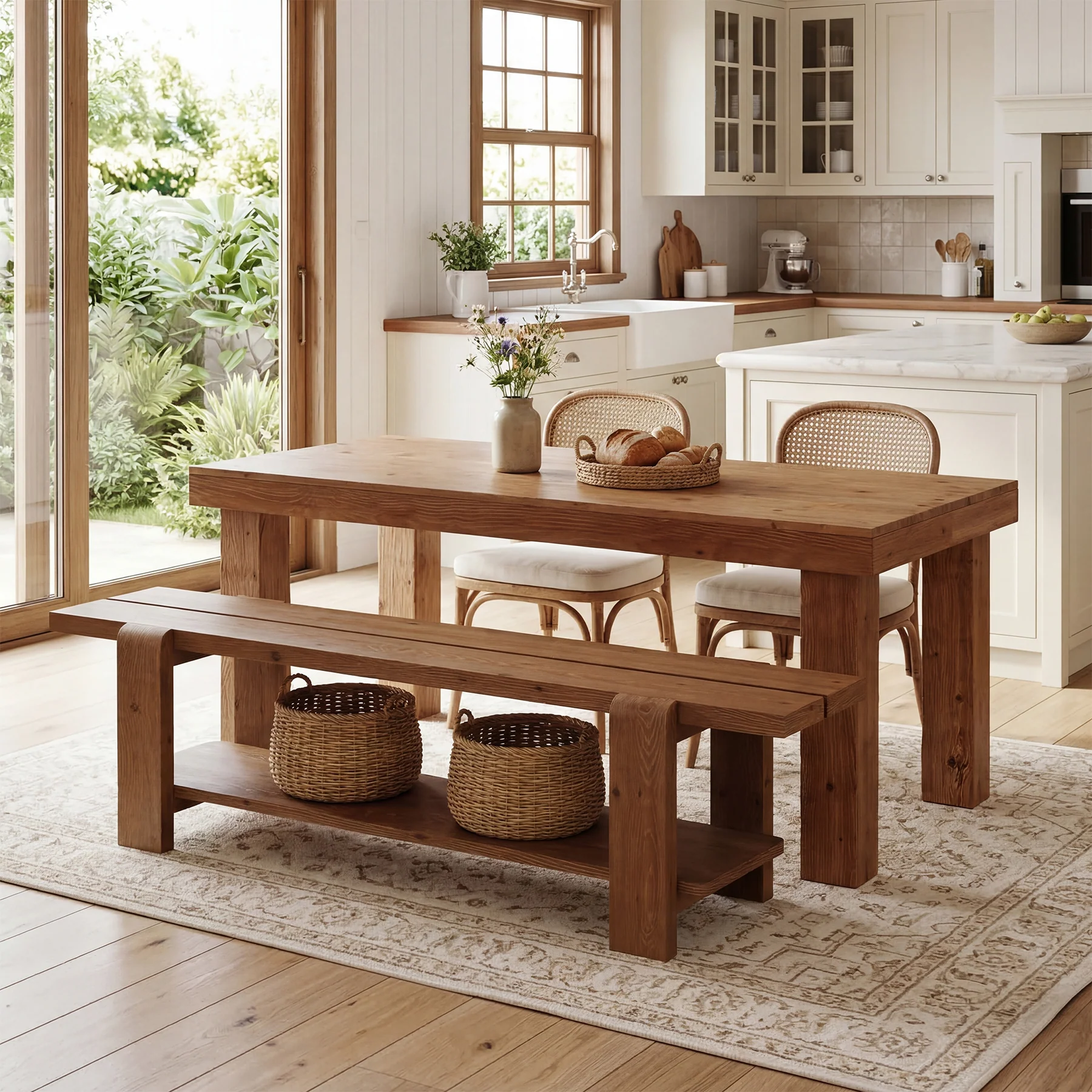 63" Solid Wood Dining Bench, Rustic Kitchen Bench with Storage Shelf (Only Bench) - Image 7