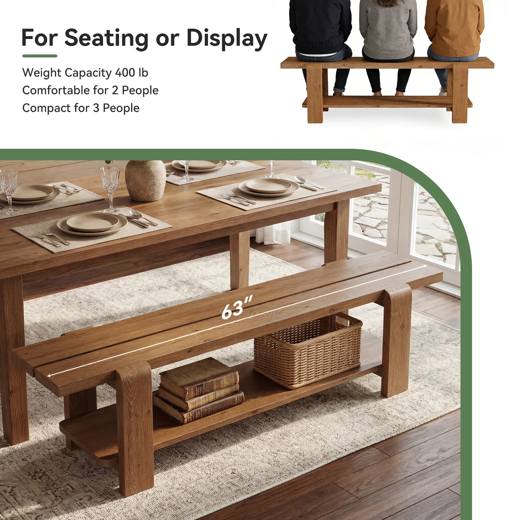 63" Solid Wood Dining Bench, Rustic Kitchen Bench with Storage Shelf (Only Bench) - Image 8