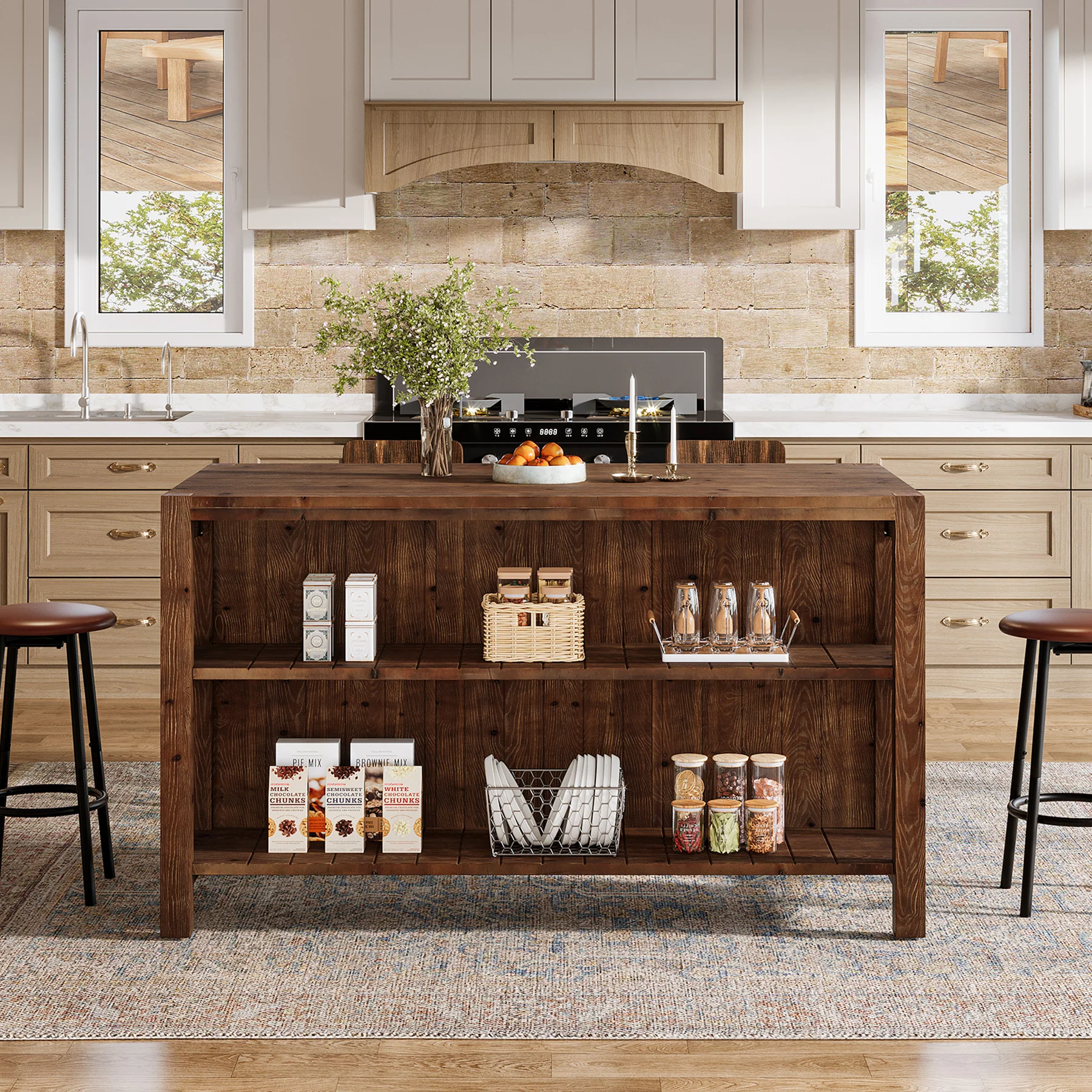 59" Farmhouse Kitchen Island, Solid Wood Dining Prep Table With 2 Open Storage Shelves - Image 10