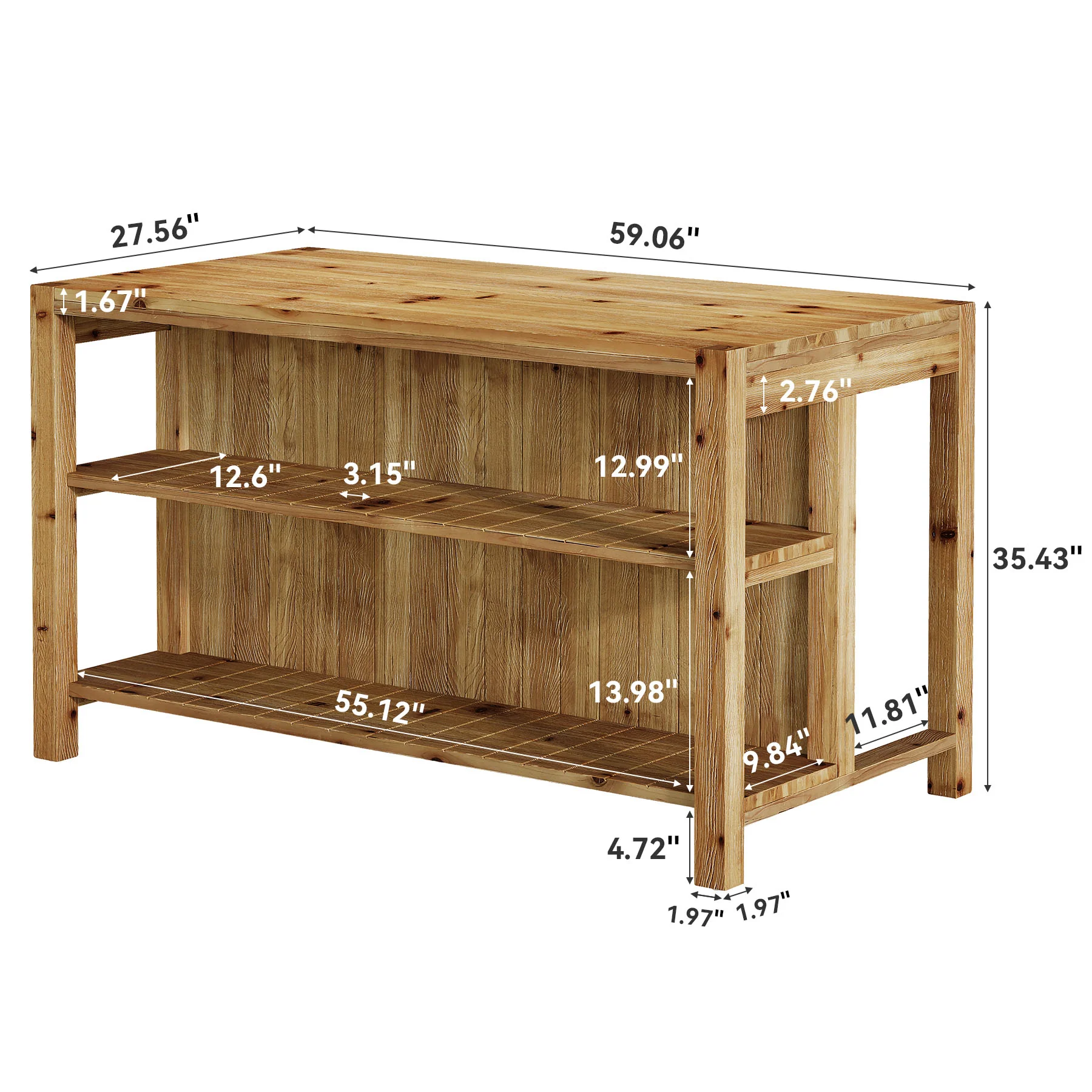 59" Farmhouse Kitchen Island, Solid Wood Dining Prep Table With 2 Open Storage Shelves - Image 2