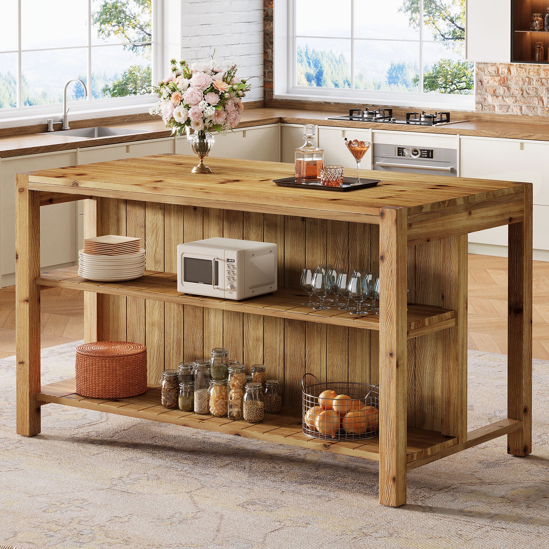 59" Farmhouse Kitchen Island, Solid Wood Dining Prep Table With 2 Open Storage Shelves - Image 3