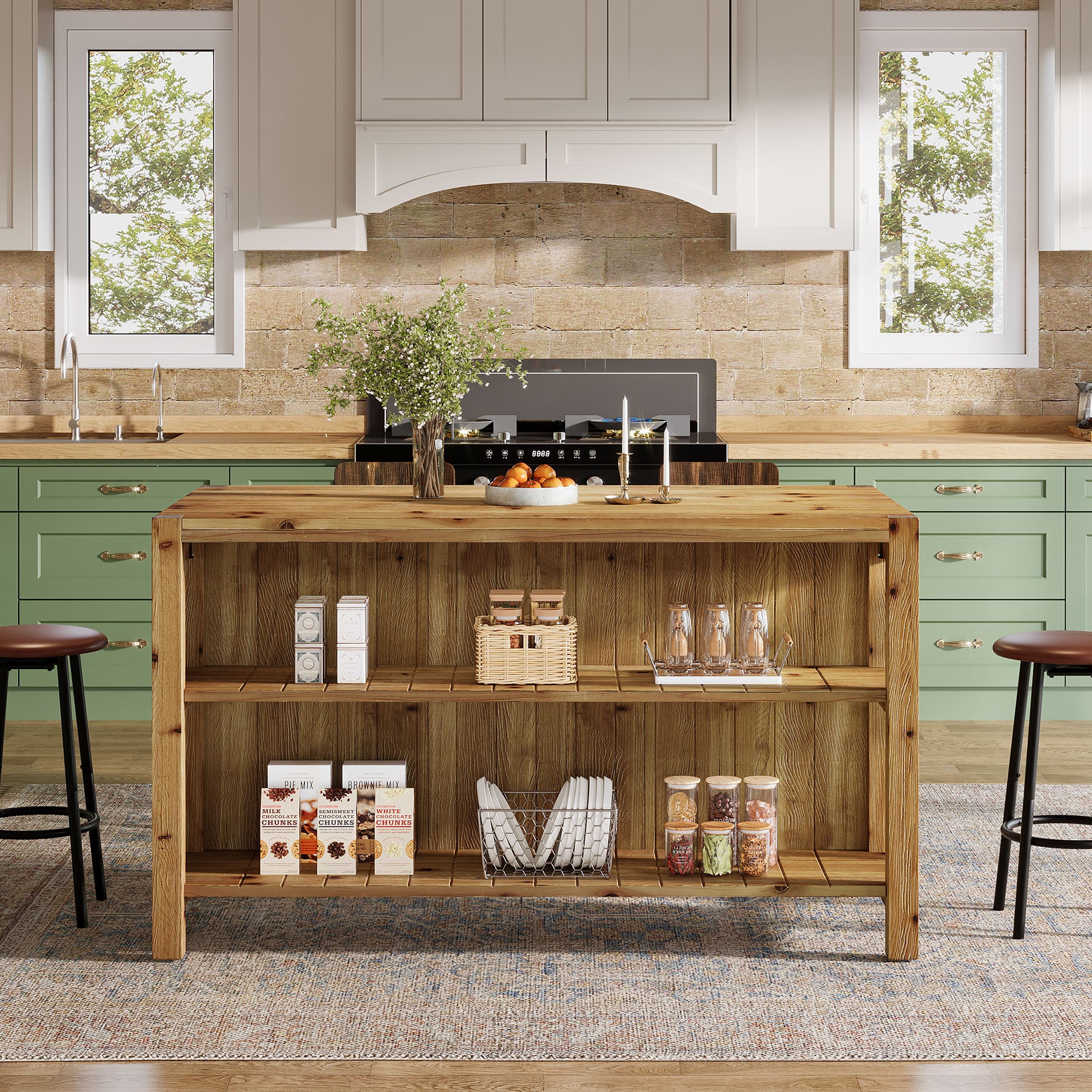 59" Farmhouse Kitchen Island, Solid Wood Dining Prep Table With 2 Open Storage Shelves - Image 4