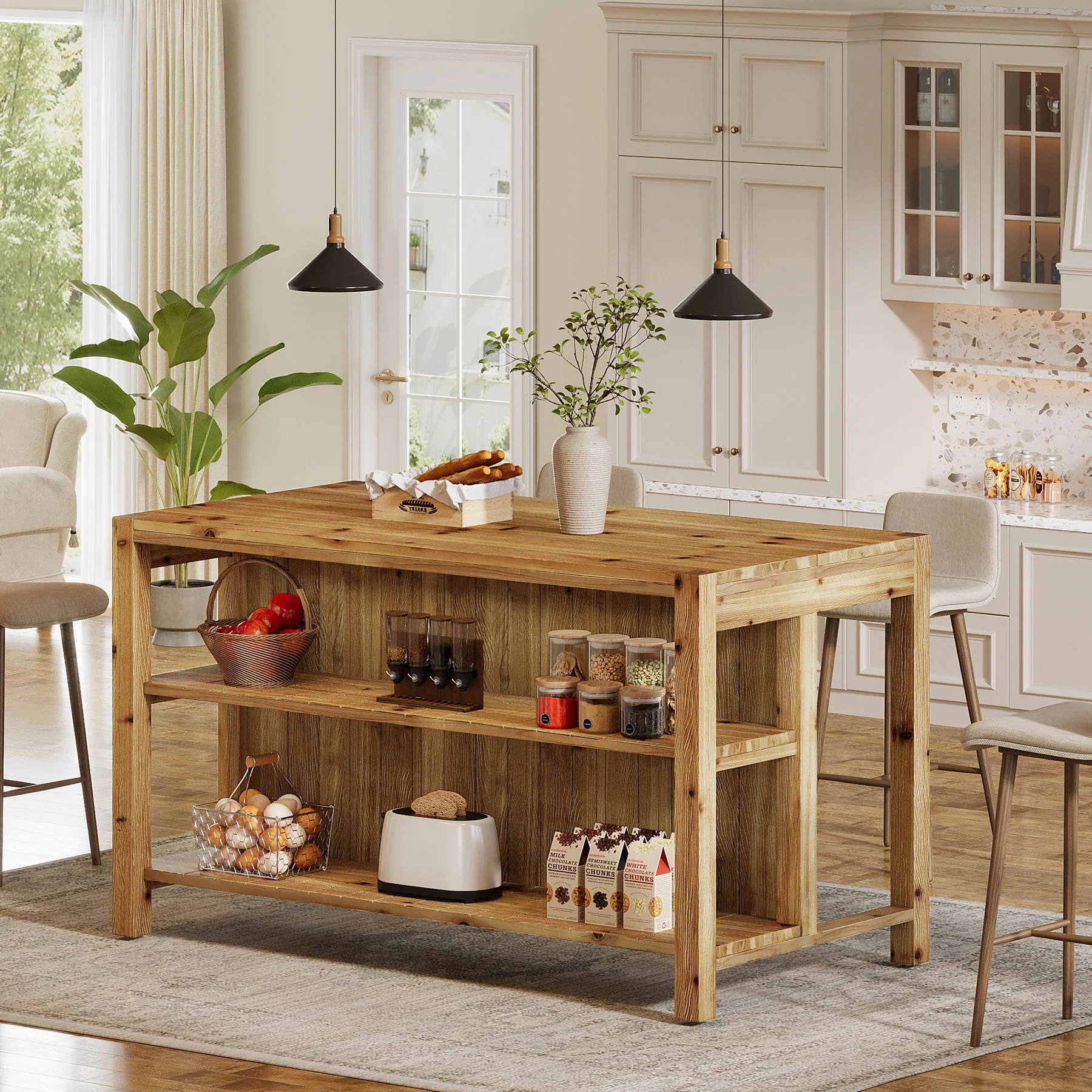 59" Farmhouse Kitchen Island, Solid Wood Dining Prep Table With 2 Open Storage Shelves - Image 5