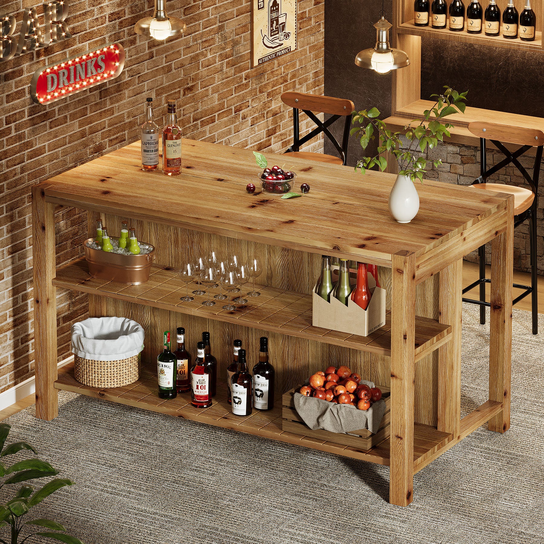 59" Farmhouse Kitchen Island, Solid Wood Dining Prep Table With 2 Open Storage Shelves - Image 6