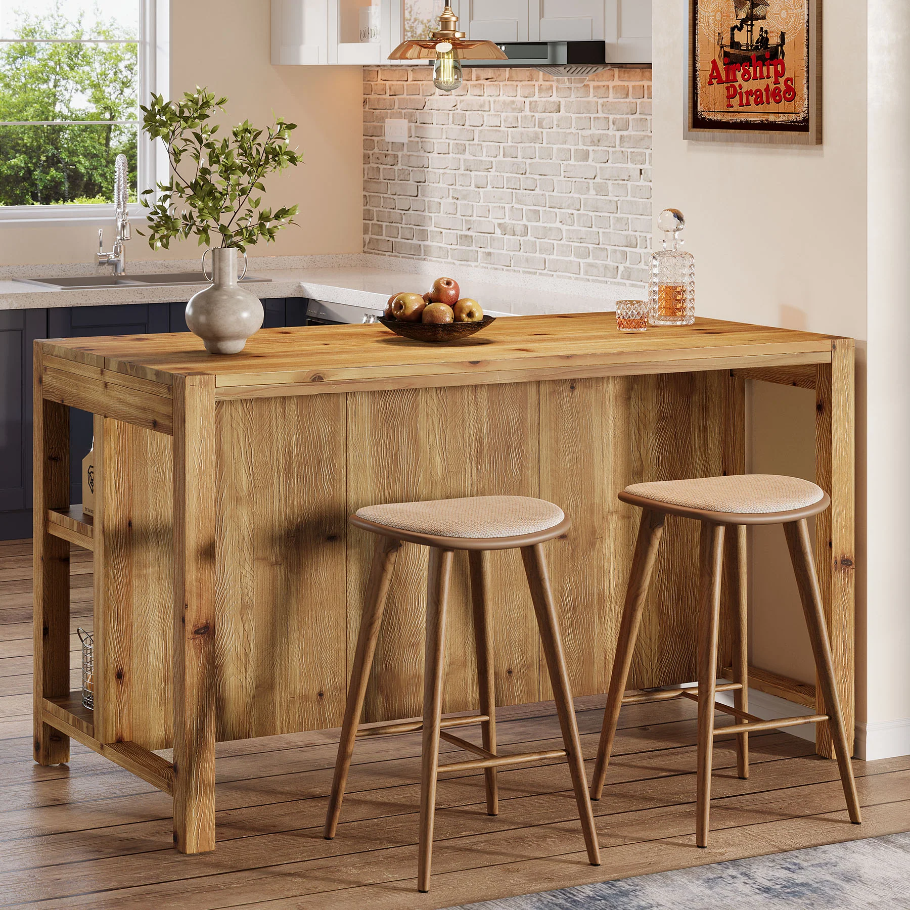 59" Farmhouse Kitchen Island, Solid Wood Dining Prep Table With 2 Open Storage Shelves - Image 7