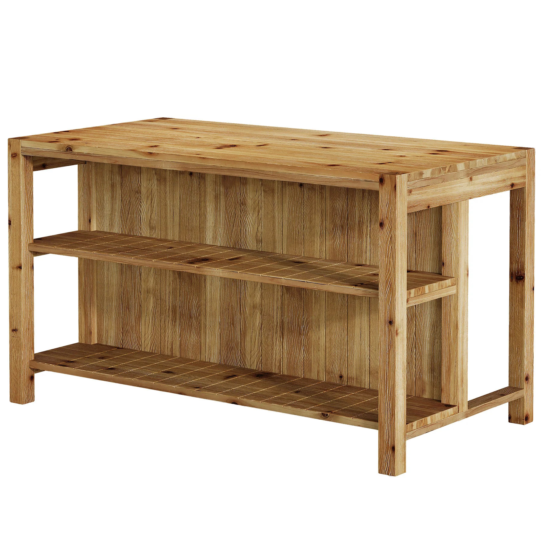 59" Farmhouse Kitchen Island, Solid Wood Dining Prep Table With 2 Open Storage Shelves - Image 8