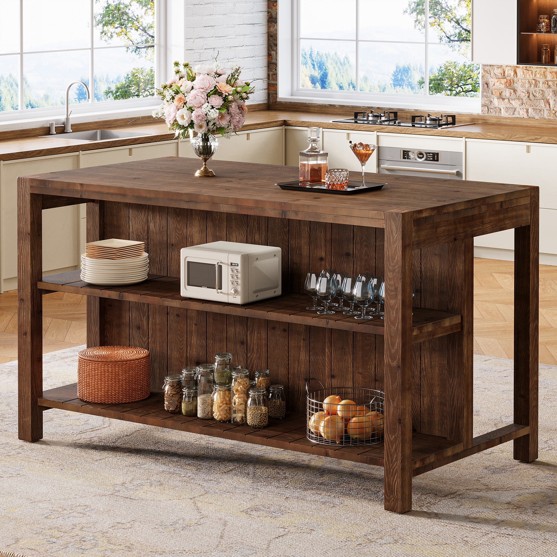 59" Farmhouse Kitchen Island, Solid Wood Dining Prep Table With 2 Open Storage Shelves - Image 9