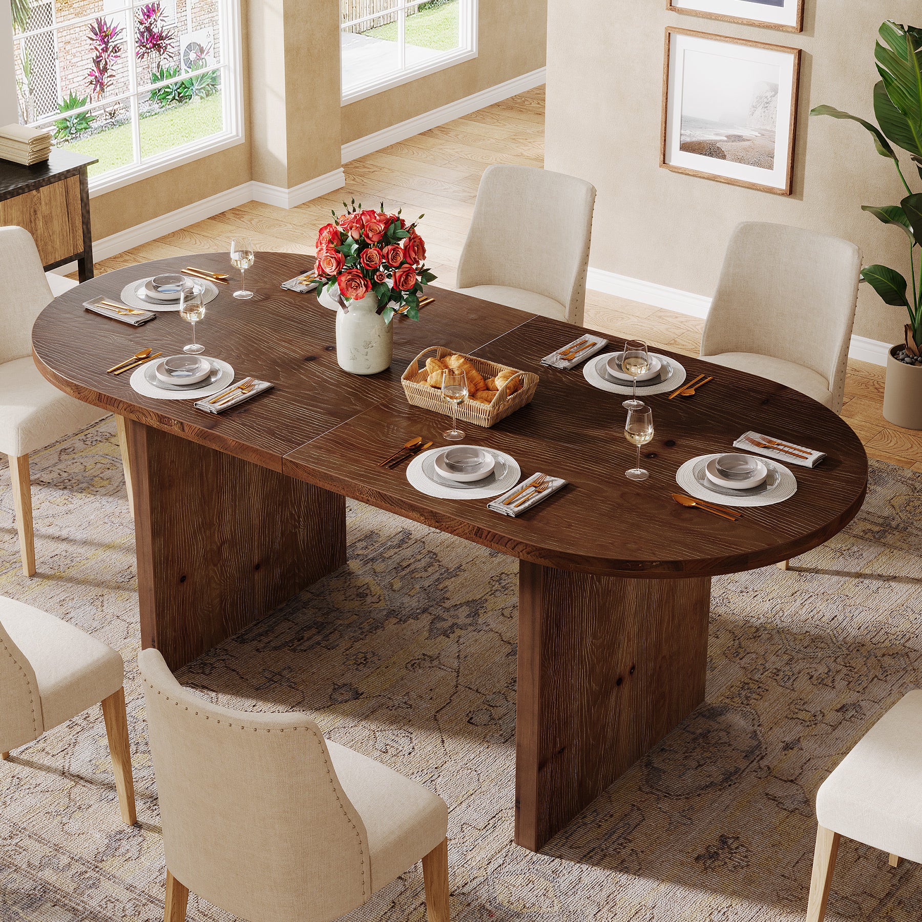 Solid Wood Dining Table, 63" Oval Kitchen Dinner Table for 4-6 - Image 4