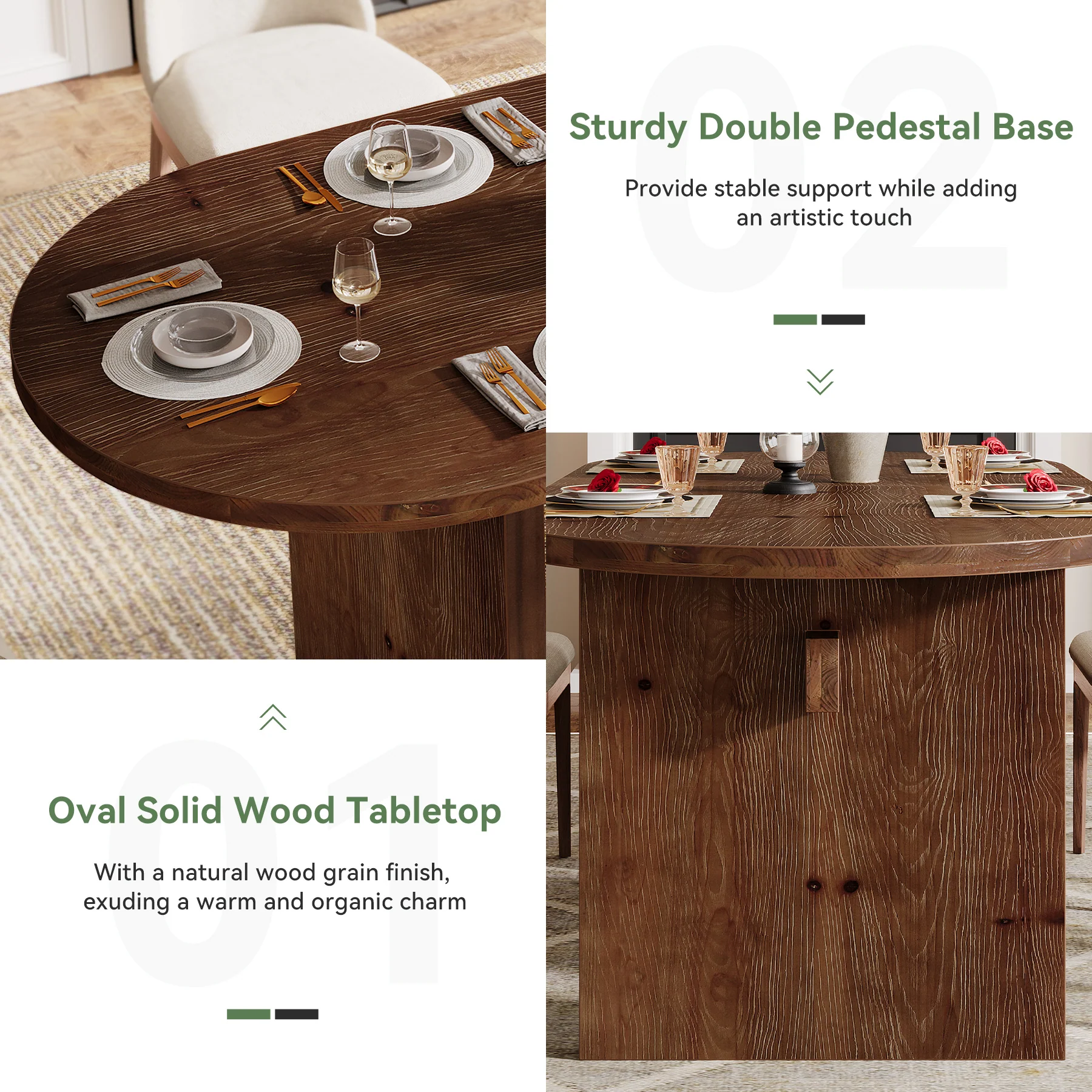 Solid Wood Dining Table, 63" Oval Kitchen Dinner Table for 4-6 - Image 7