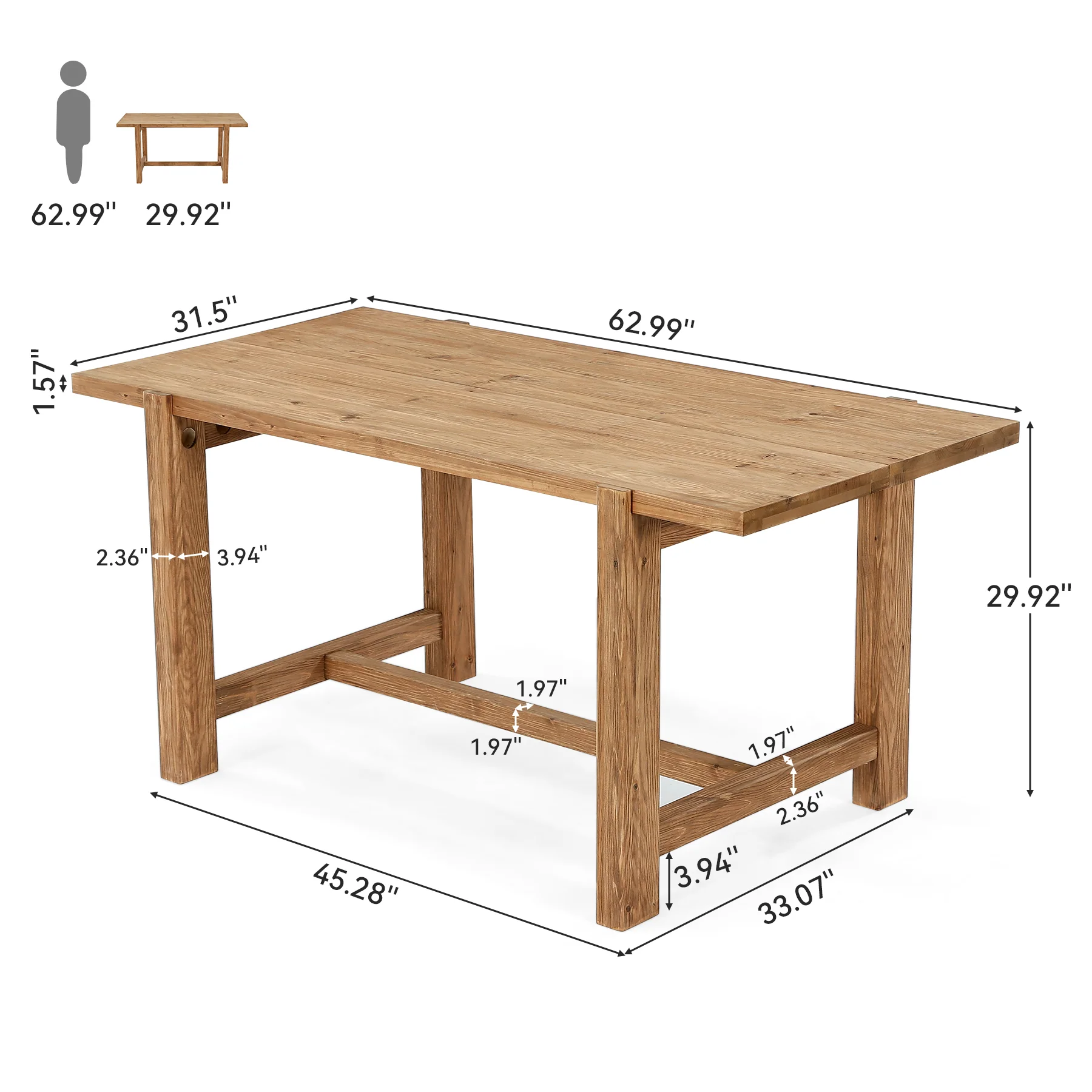 63 Inch Solid Wood Dining Table, Farmhouse Rectangular Table for Kitchen Dining Room 4-6 People - Image 2