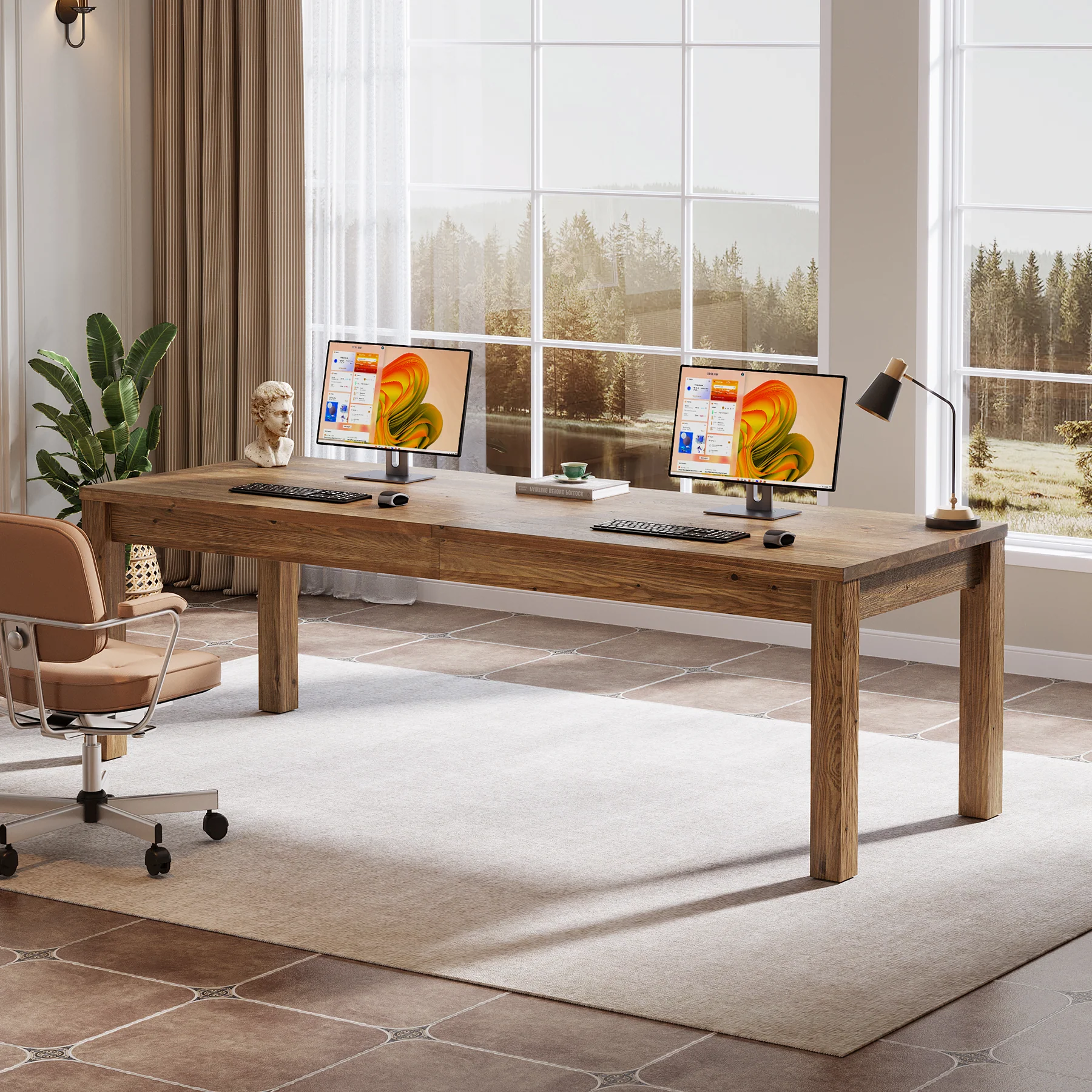 Solid Wood 2-Person Desk, 78.7" Double Computer Table Workstation - Image 3