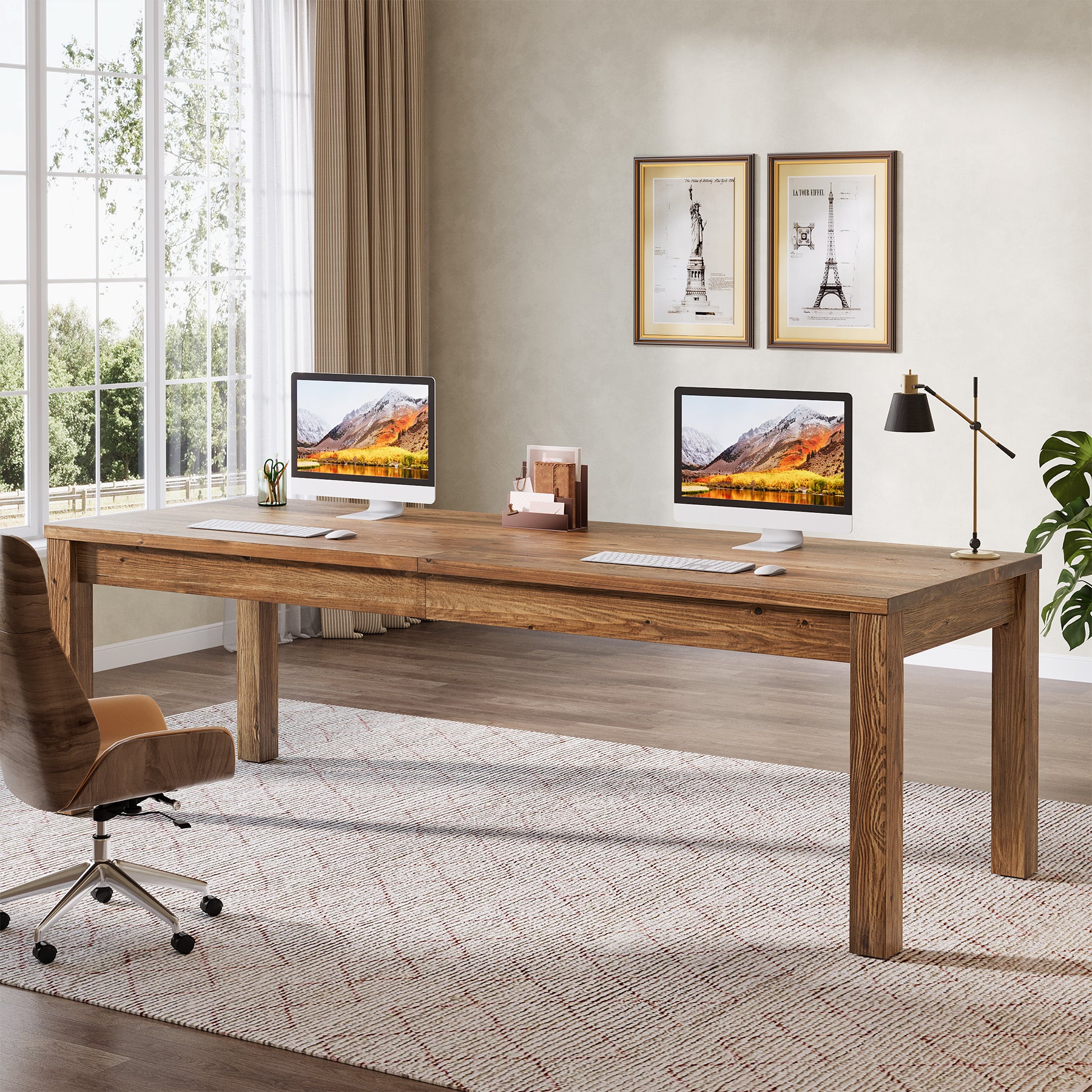 Solid Wood 2-Person Desk, 78.7" Double Computer Table Workstation - Image 4