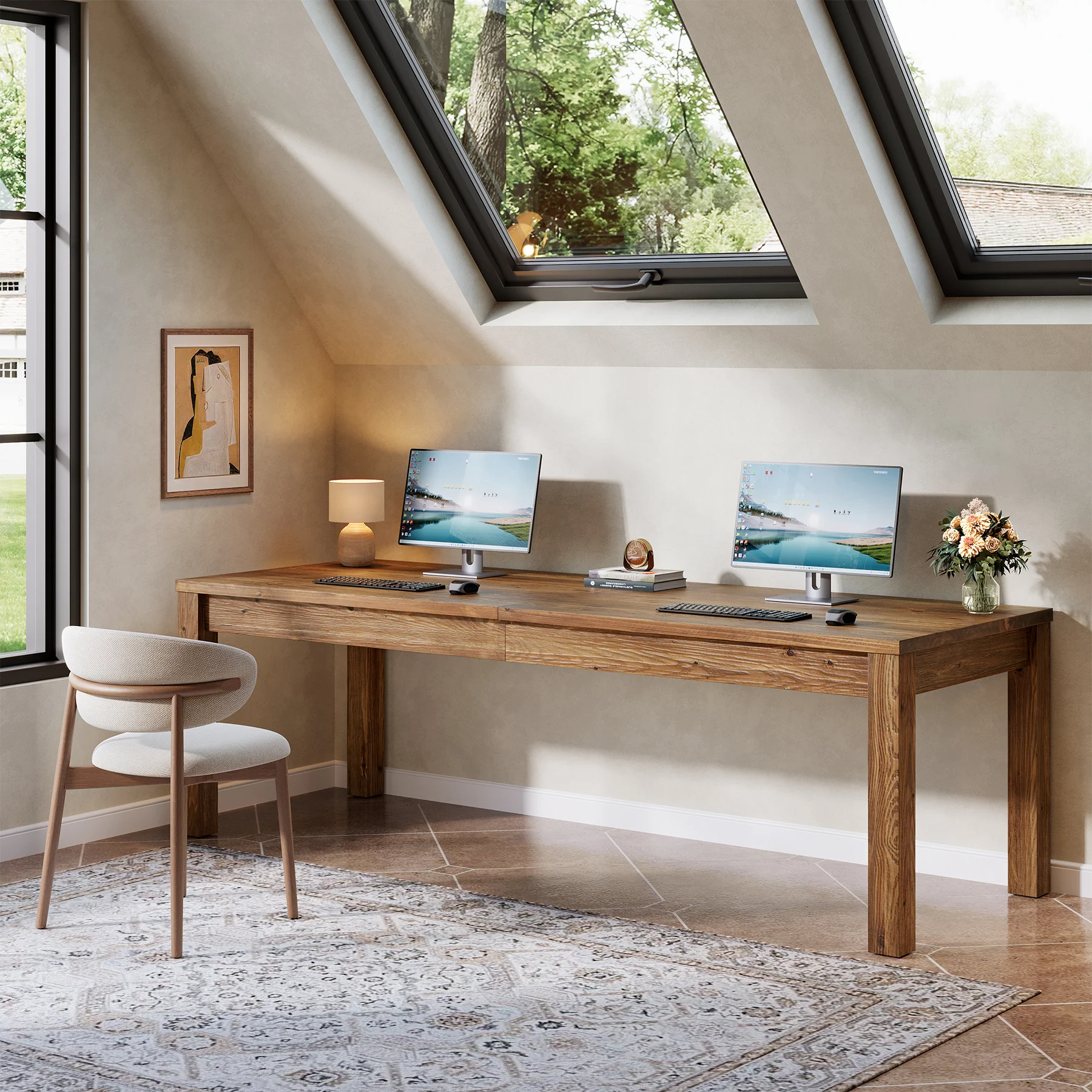 Solid Wood 2-Person Desk, 78.7" Double Computer Table Workstation - Image 5