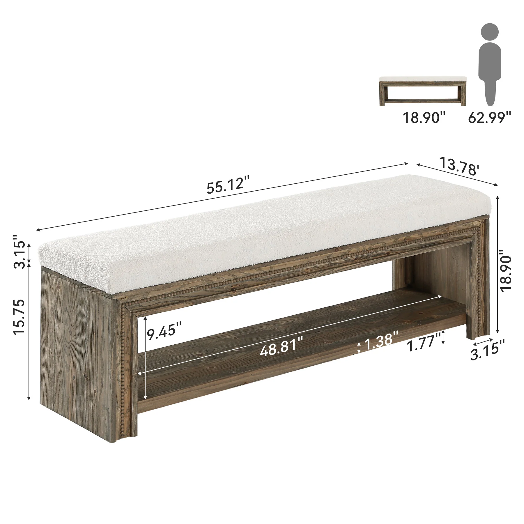 55" Solid Wood Entryway Bench, Upholstered Shoe Bench with Storage Shelf for Hallway - Image 2