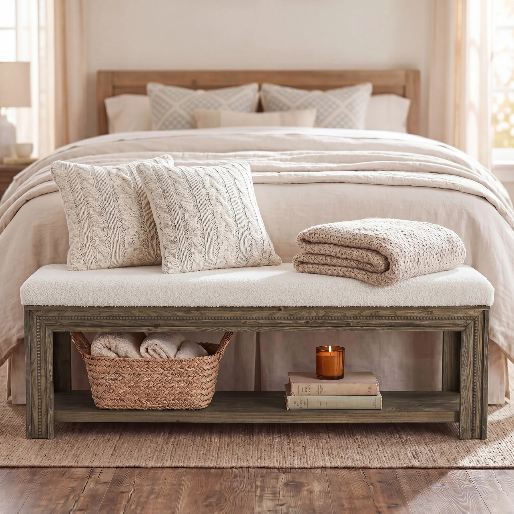 Solid Wood End of Bed Bench, 55.12" Upholstered Bed Bench with Storage for Bedroom - Image 3
