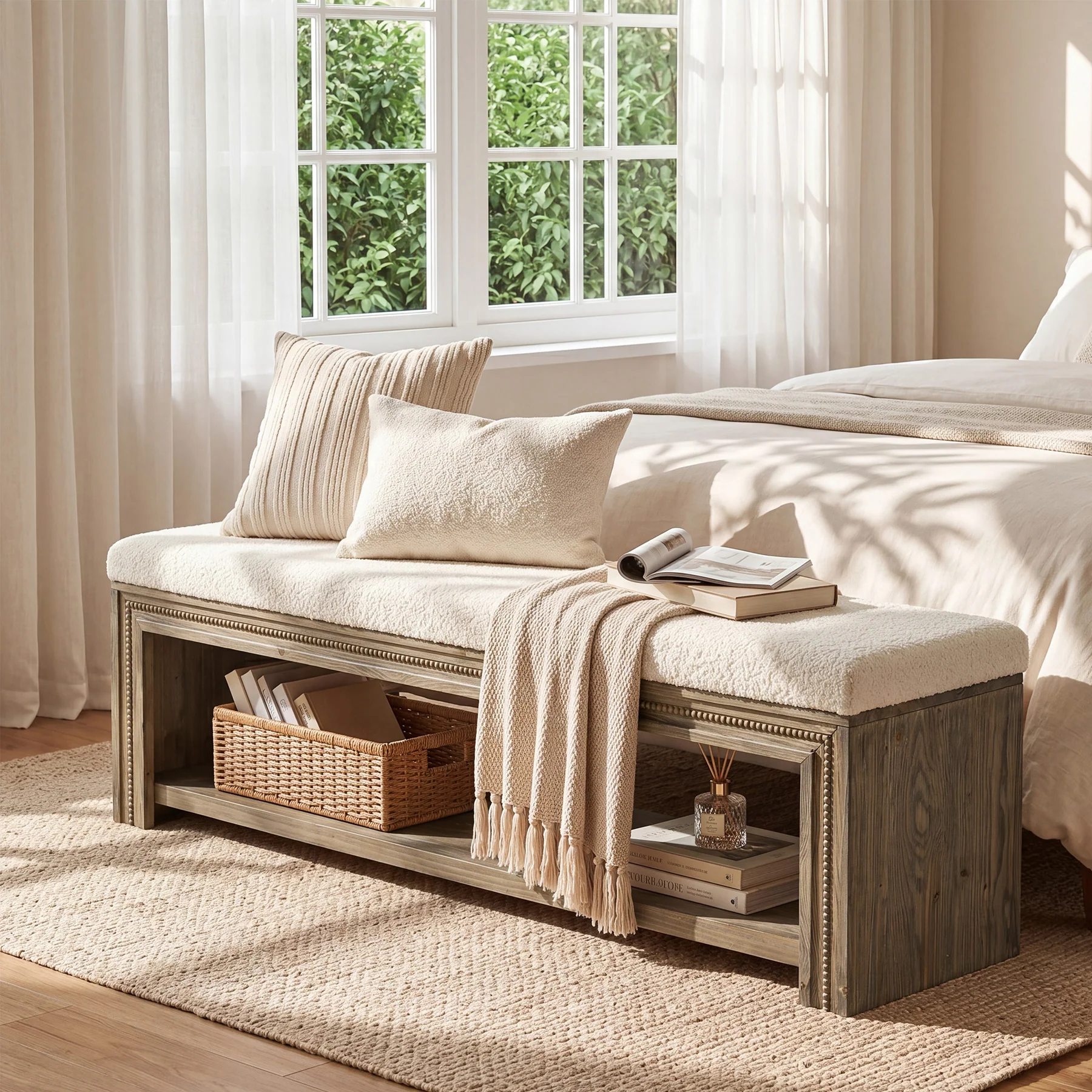 Solid Wood End of Bed Bench, 55.12" Upholstered Bed Bench with Storage for Bedroom - Image 5