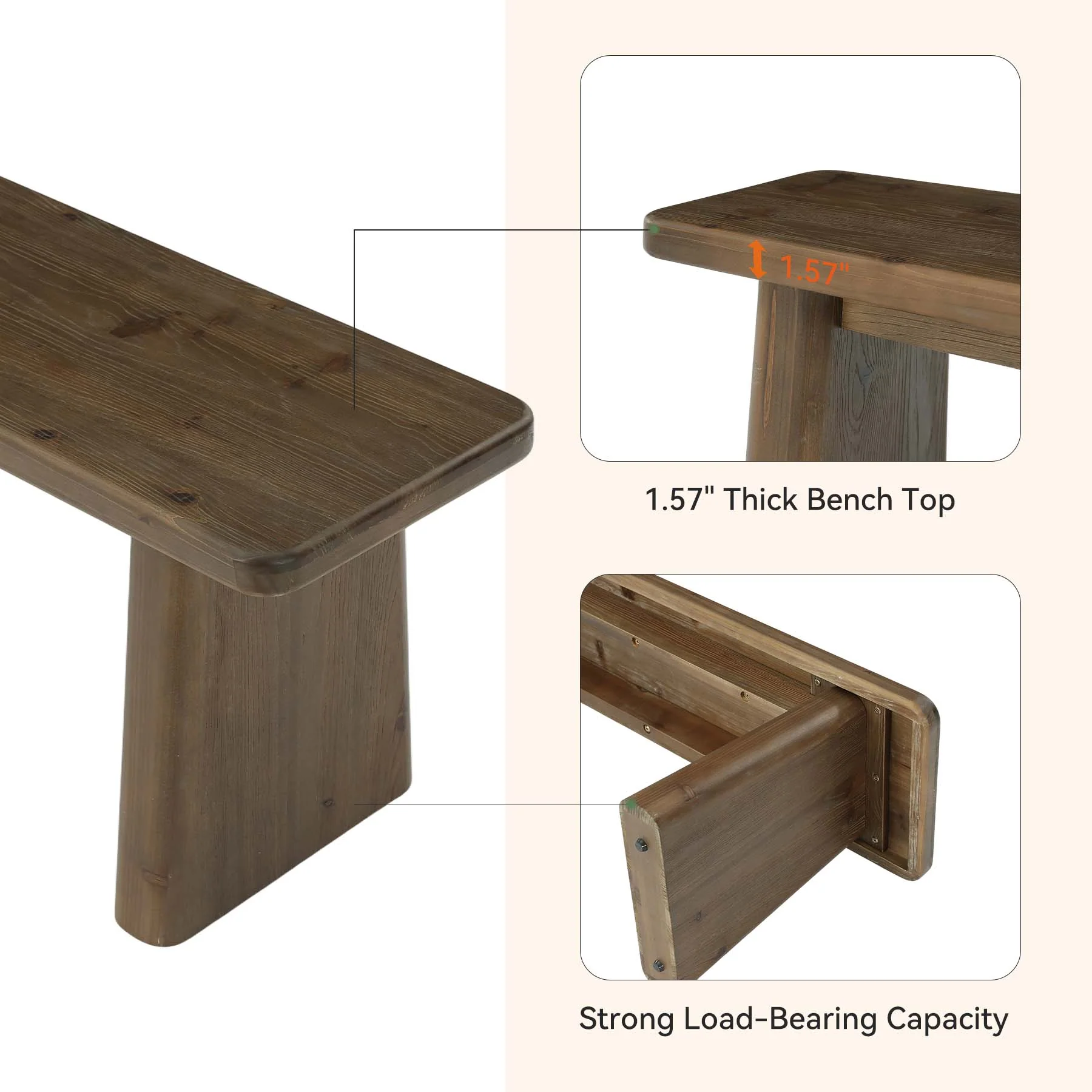 55" Entryway Bench, Solid Wood End of Bed Bench Dining Bench - Image 7