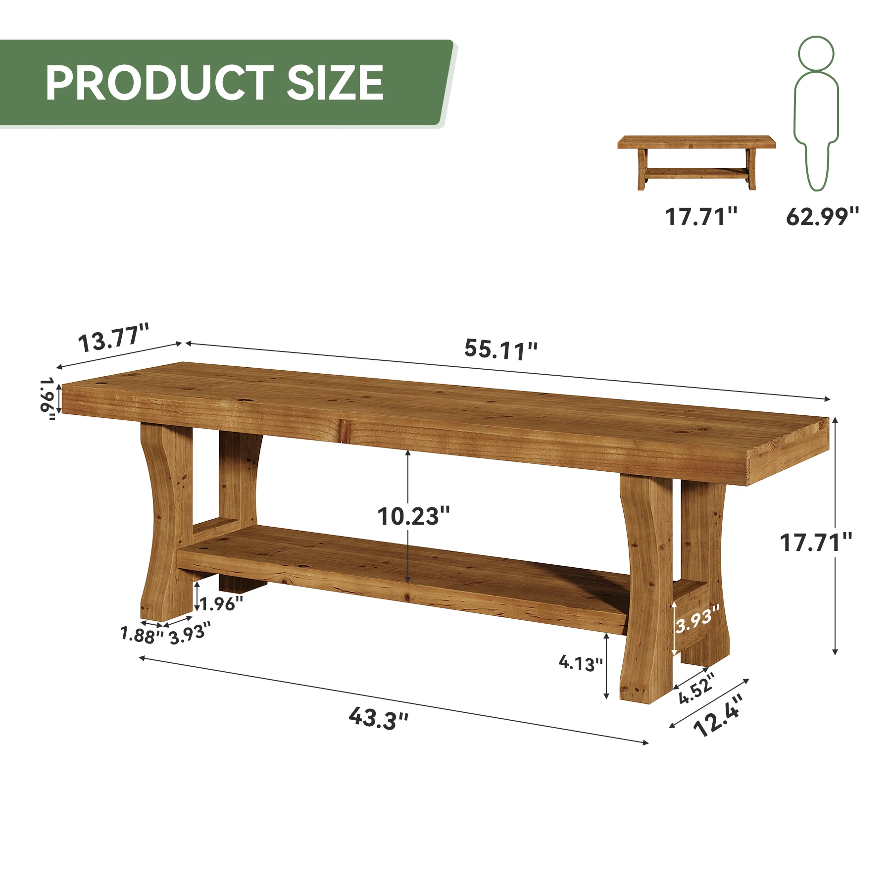 55" Entryway Bench, Solid Wood End of Bed Bench Dining Seat - Image 2