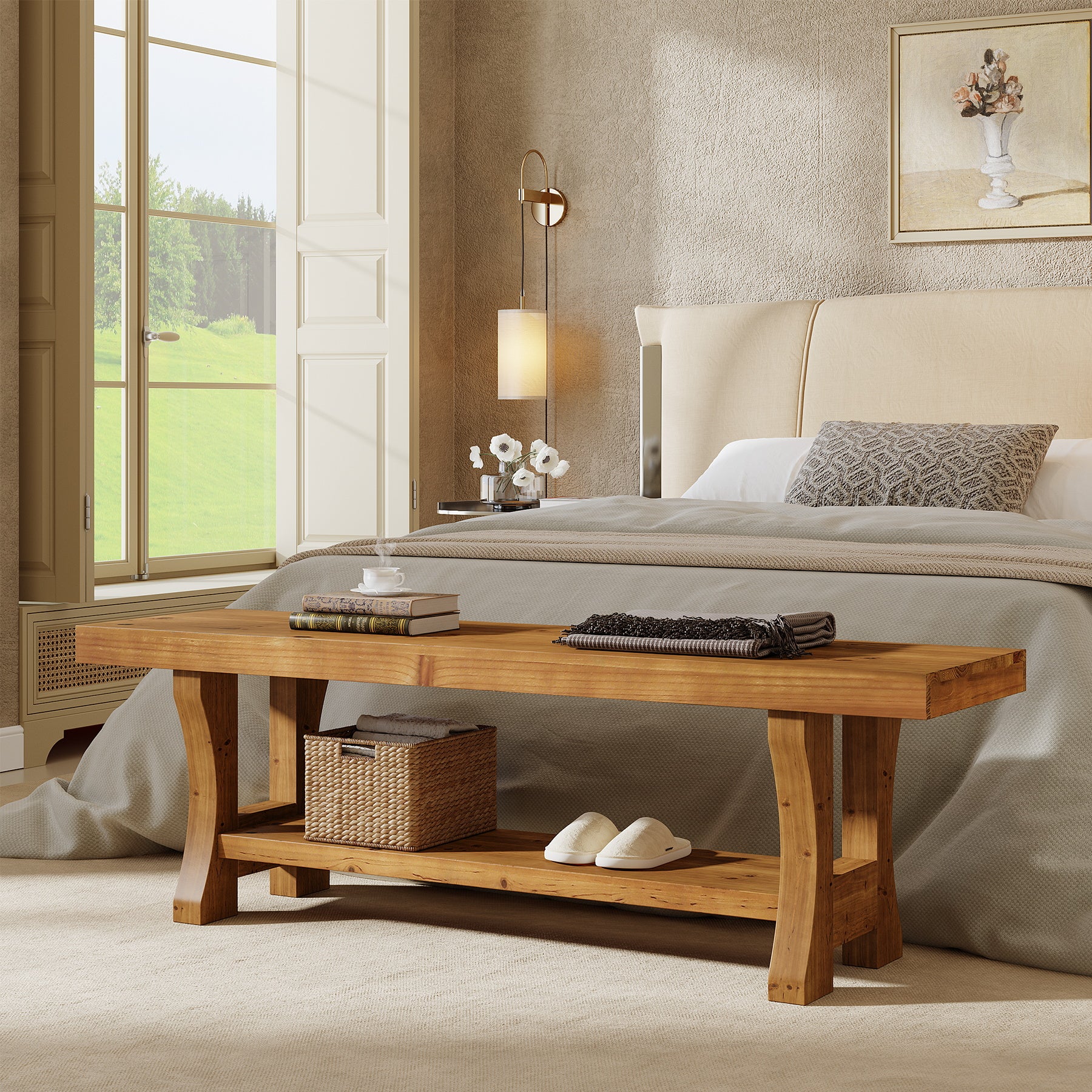 55" Entryway Bench, Solid Wood End of Bed Bench Dining Seat - Image 6