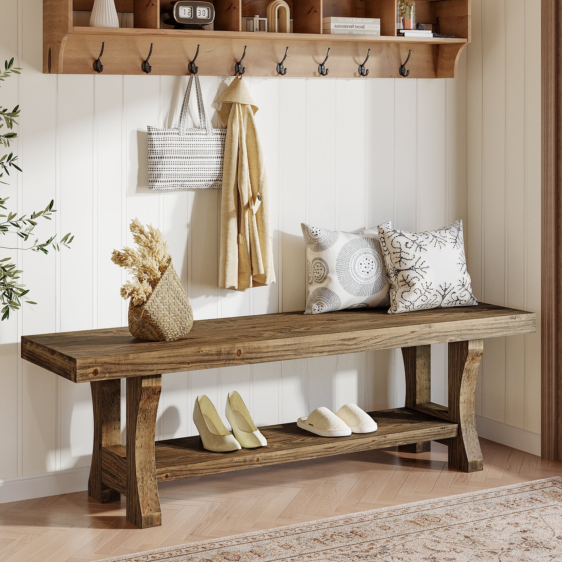 55" Entryway Bench, Solid Wood End of Bed Bench Dining Seat - Image 8