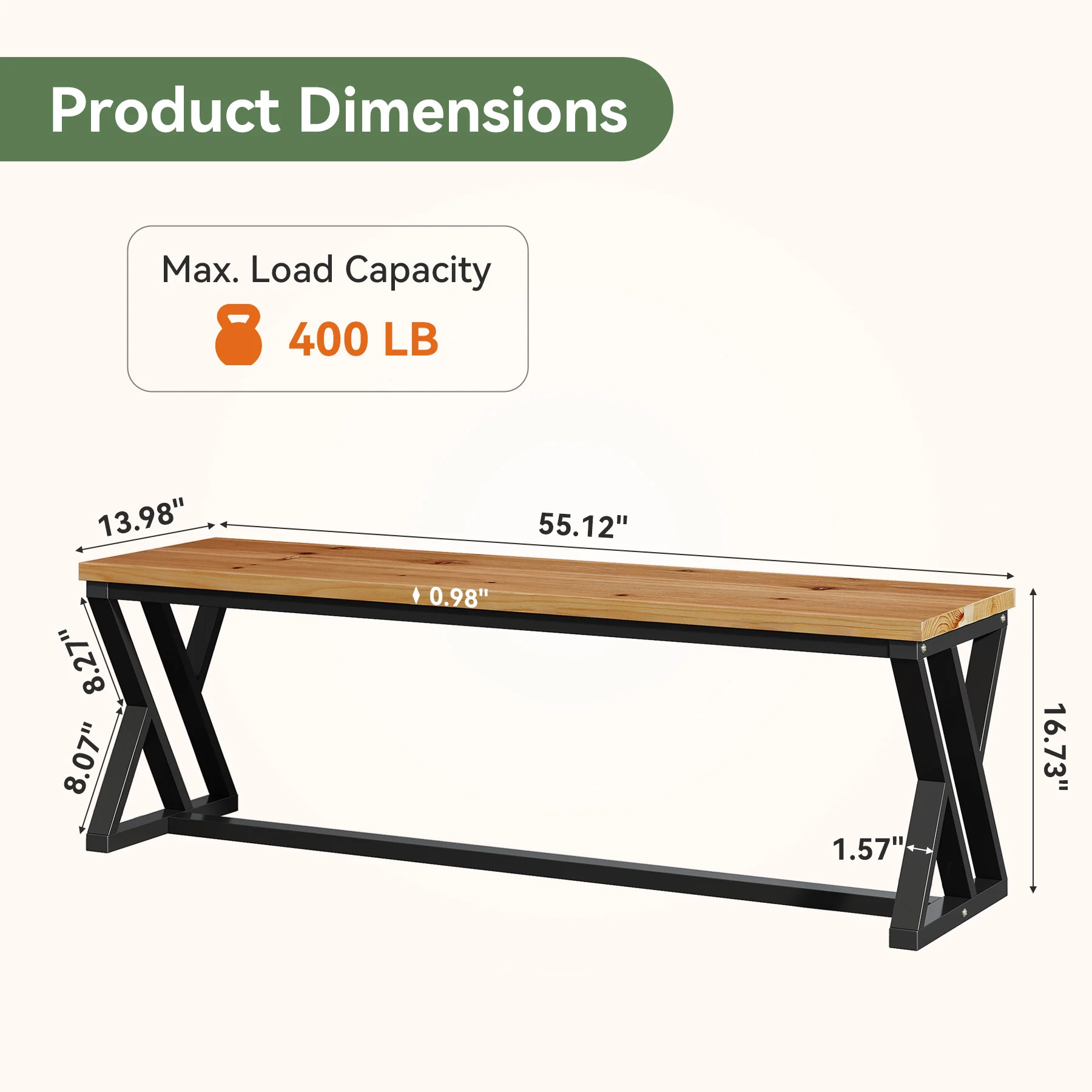 55" Long Entryway Bench, Solid Wood End of Bed Bench with Metal Legs - Image 2