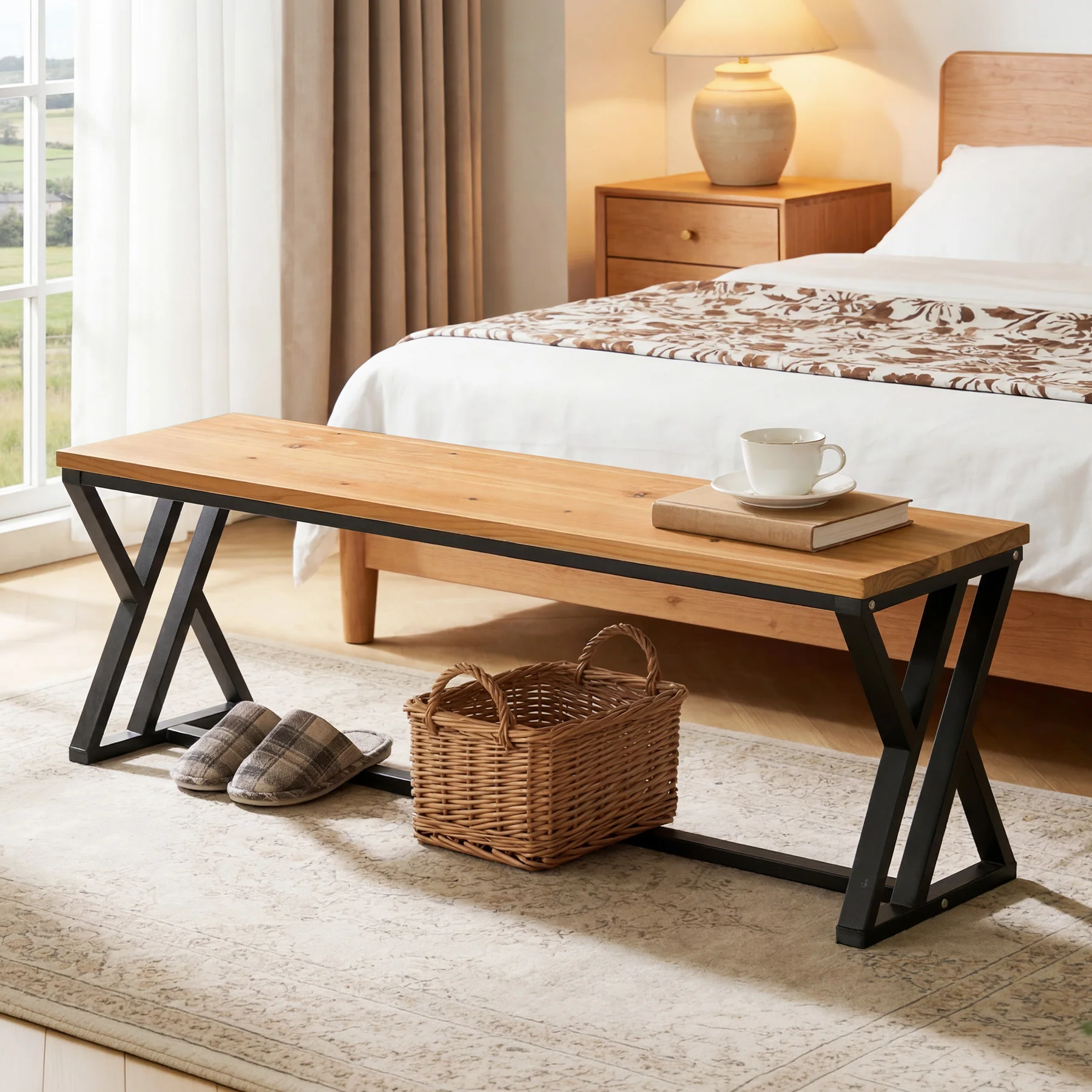 55" Long Entryway Bench, Solid Wood End of Bed Bench with Metal Legs - Image 5