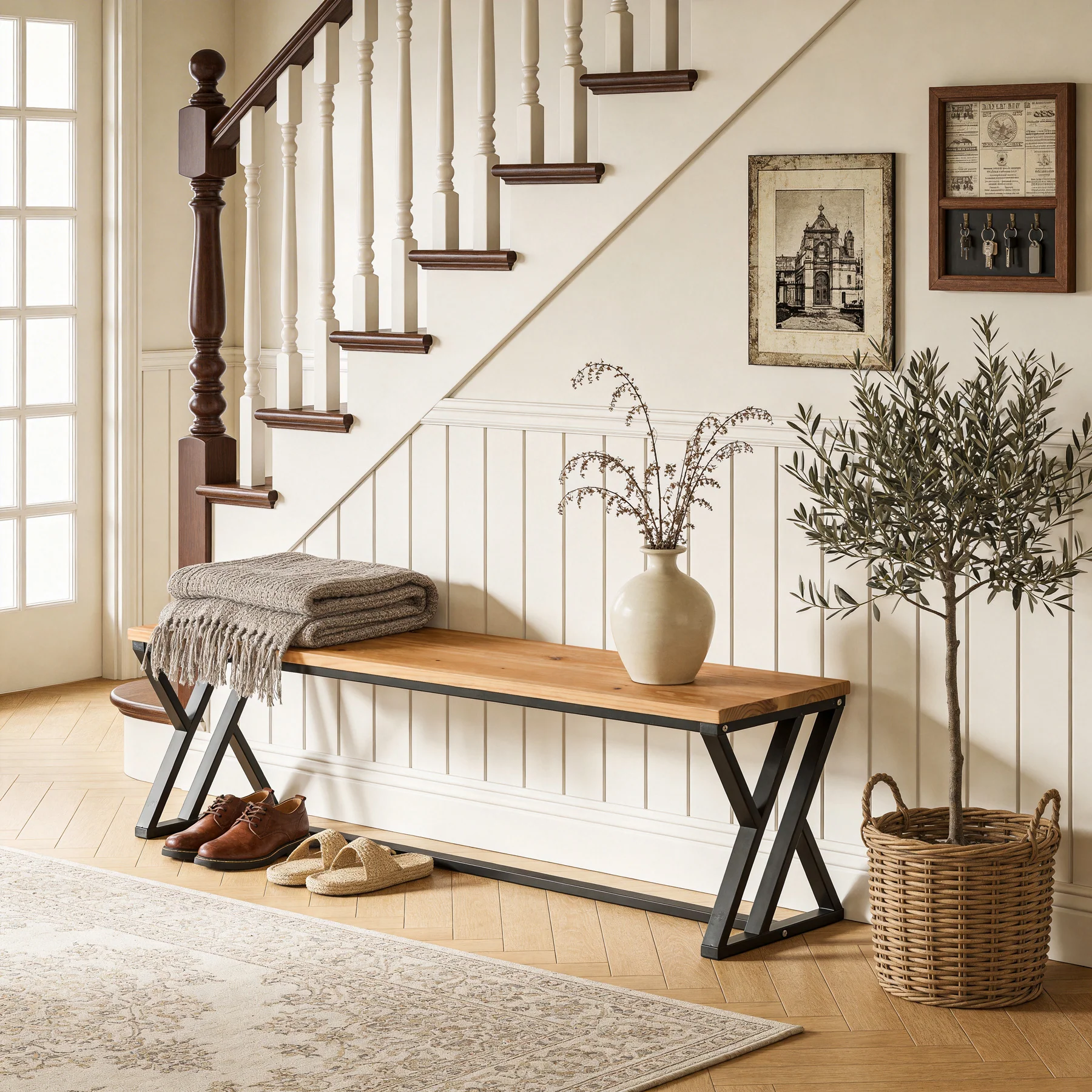 55" Long Entryway Bench, Solid Wood End of Bed Bench with Metal Legs - Image 9