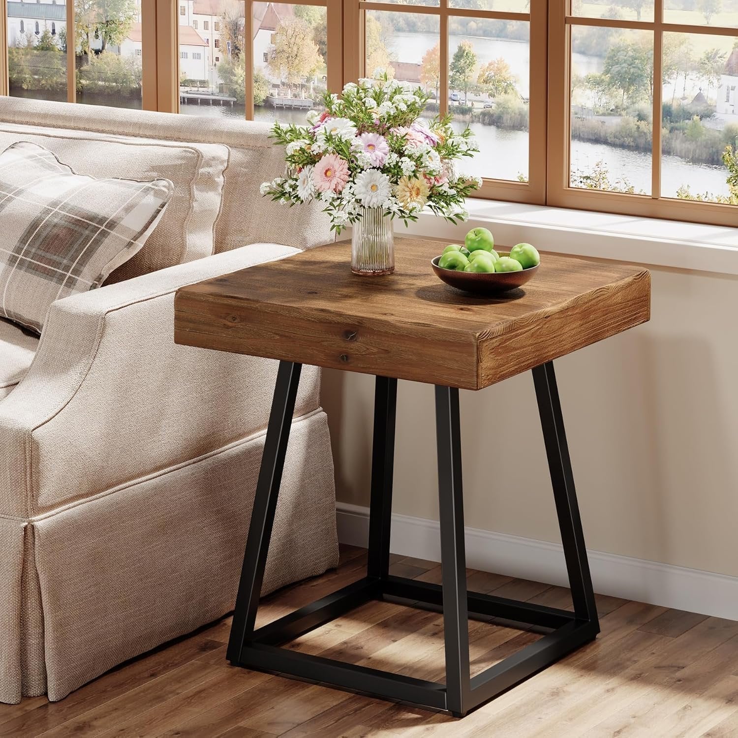 Solid Wood End Table, 19.7" Square Side Table with Metal Frame - Image 3