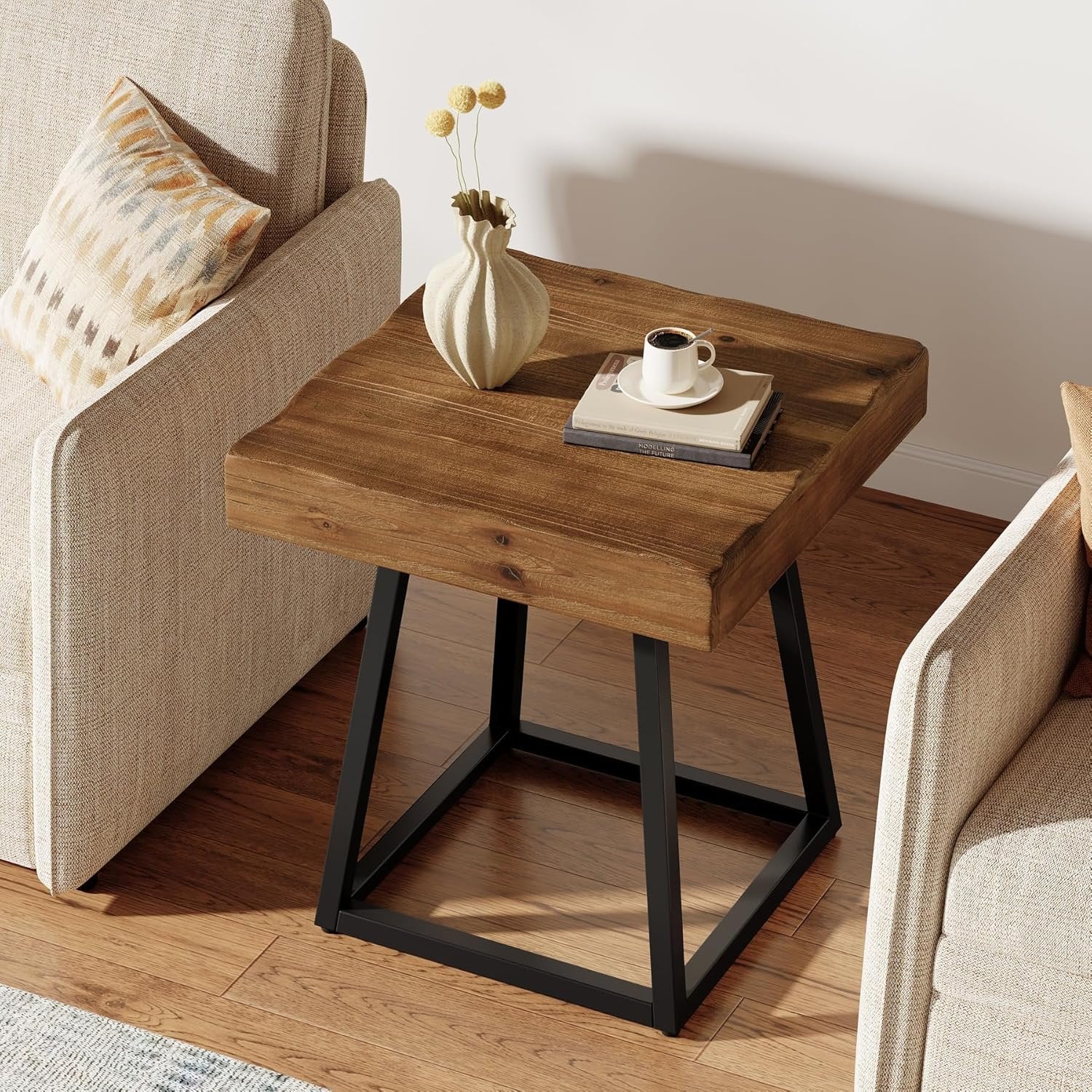Solid Wood End Table, 19.7" Square Side Table with Metal Frame - Image 4
