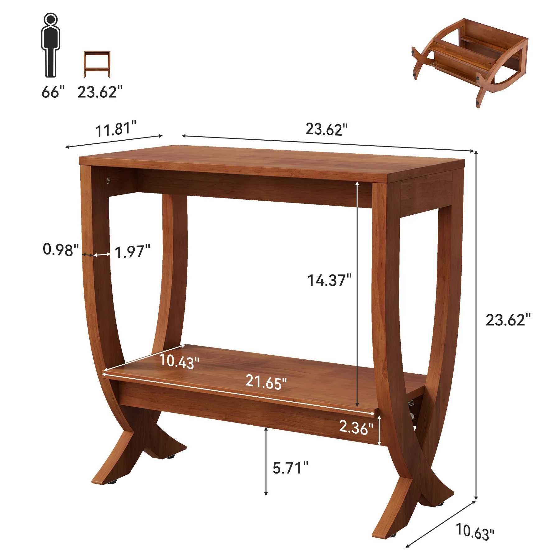 Solid Wood End Table, 2-Tier Couch Side Table with Arched Legs - Image 2