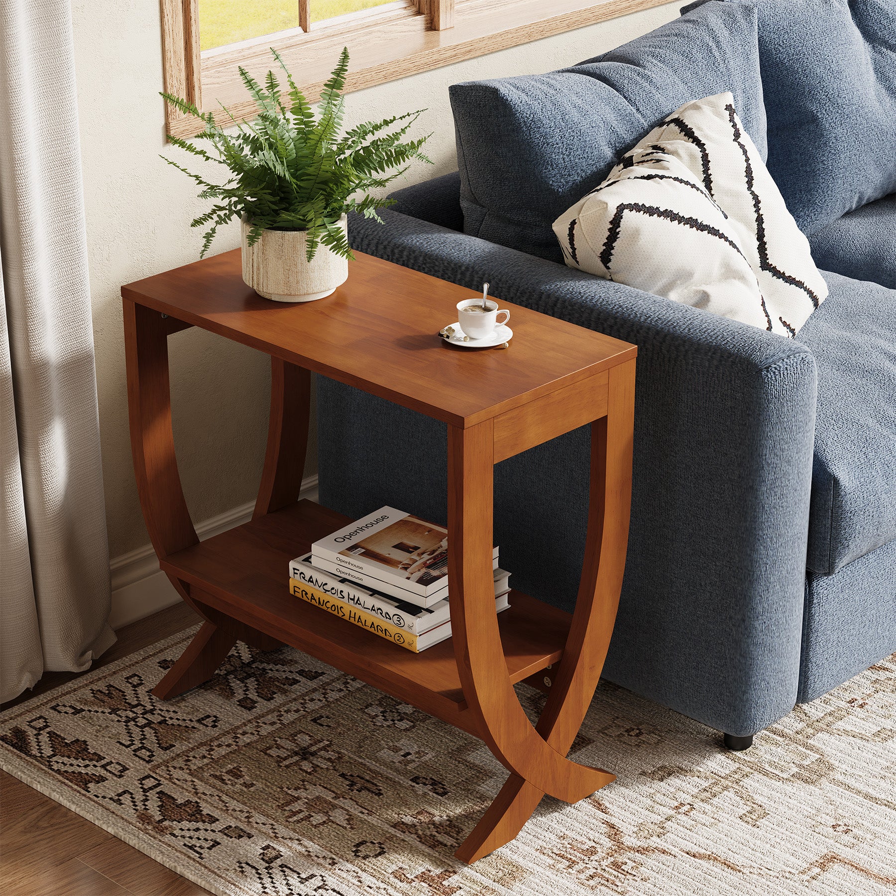 Solid Wood End Table, 2-Tier Couch Side Table with Arched Legs - Image 3