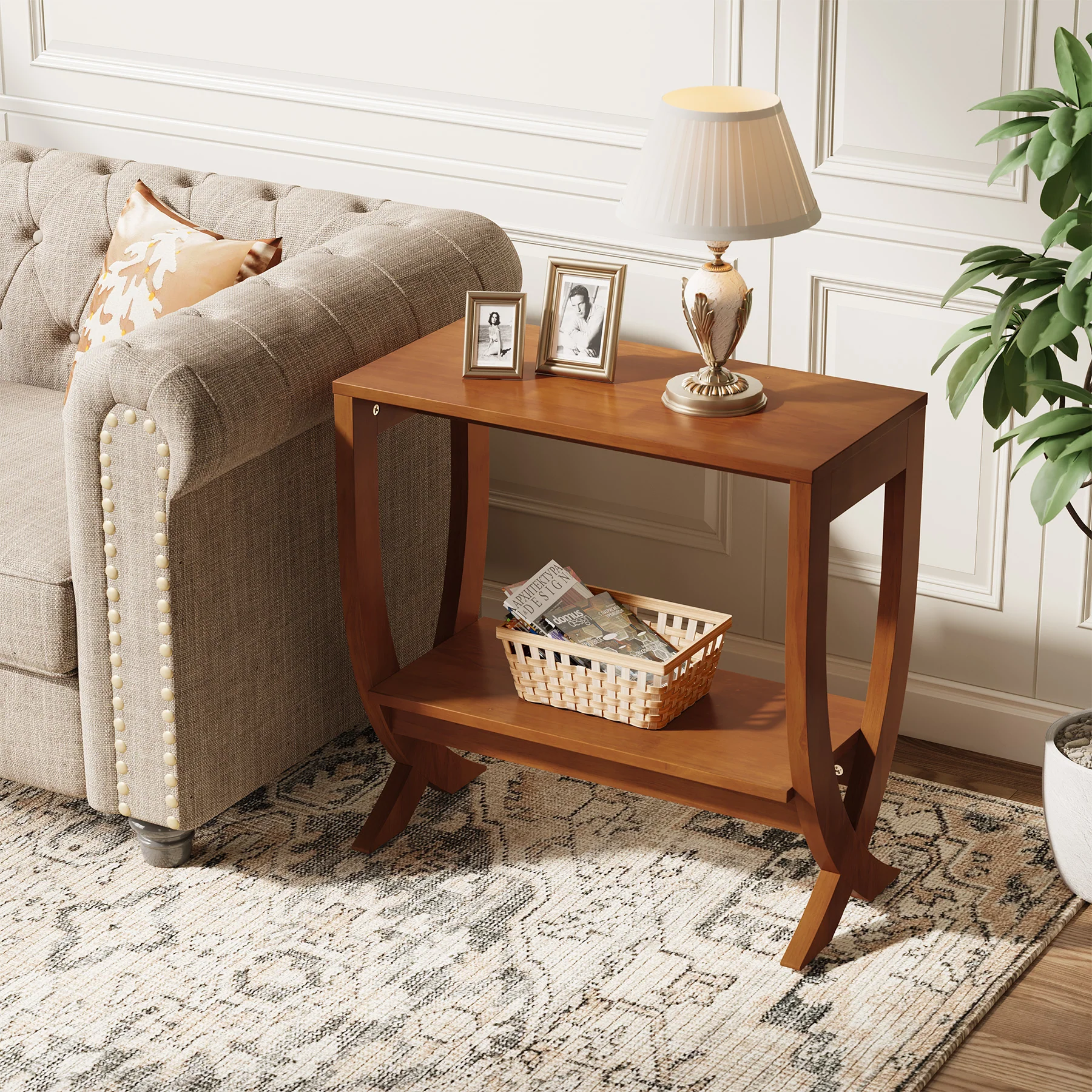 Solid Wood End Table, 2-Tier Couch Side Table with Arched Legs - Image 4