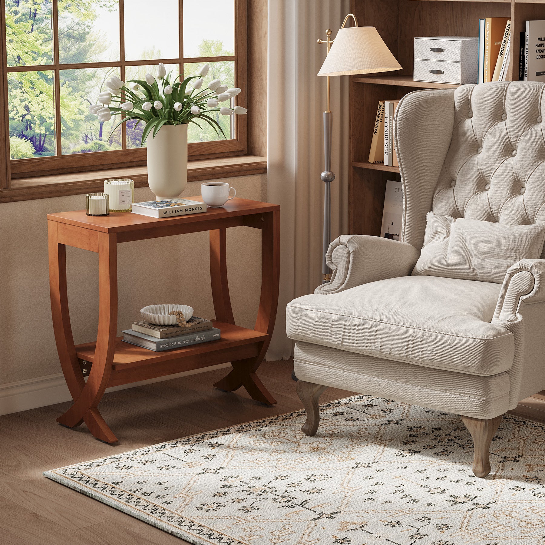 Solid Wood End Table, 2-Tier Couch Side Table with Arched Legs - Image 5