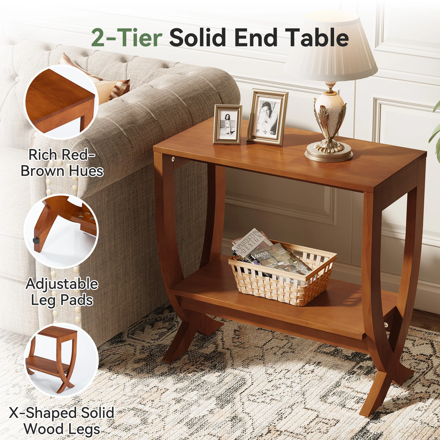 Solid Wood End Table, 2-Tier Couch Side Table with Arched Legs - Image 7