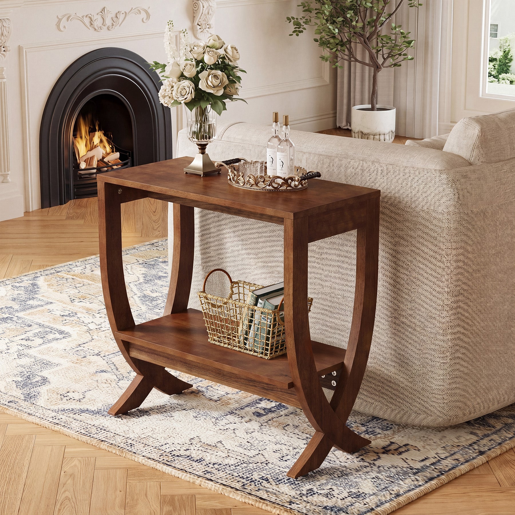 Solid Wood End Table, 2-Tier Couch Side Table with Arched Legs - Image 9