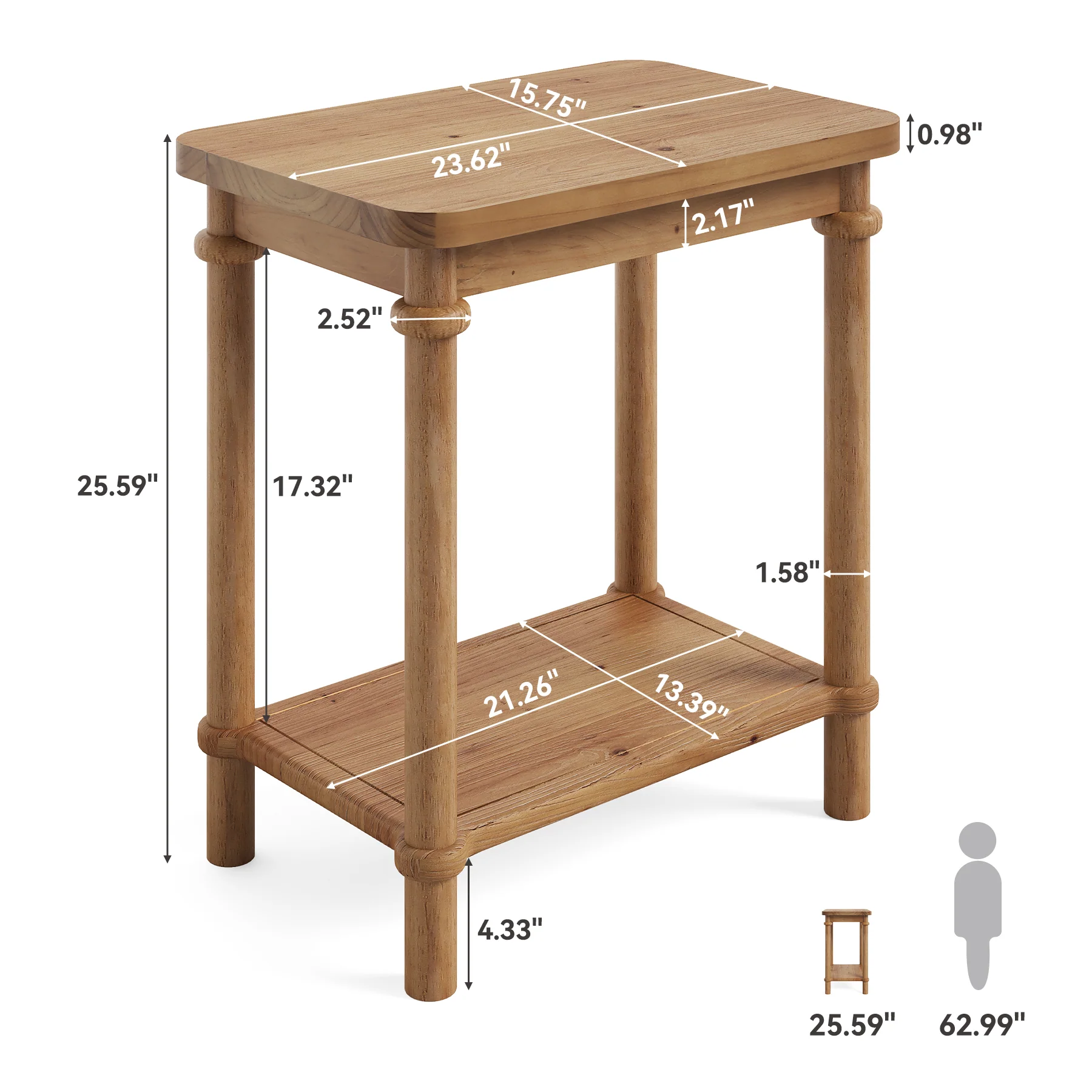 Solid Wood End Table, 2-Tier Oval Side Table with Storage Shelves - Image 2