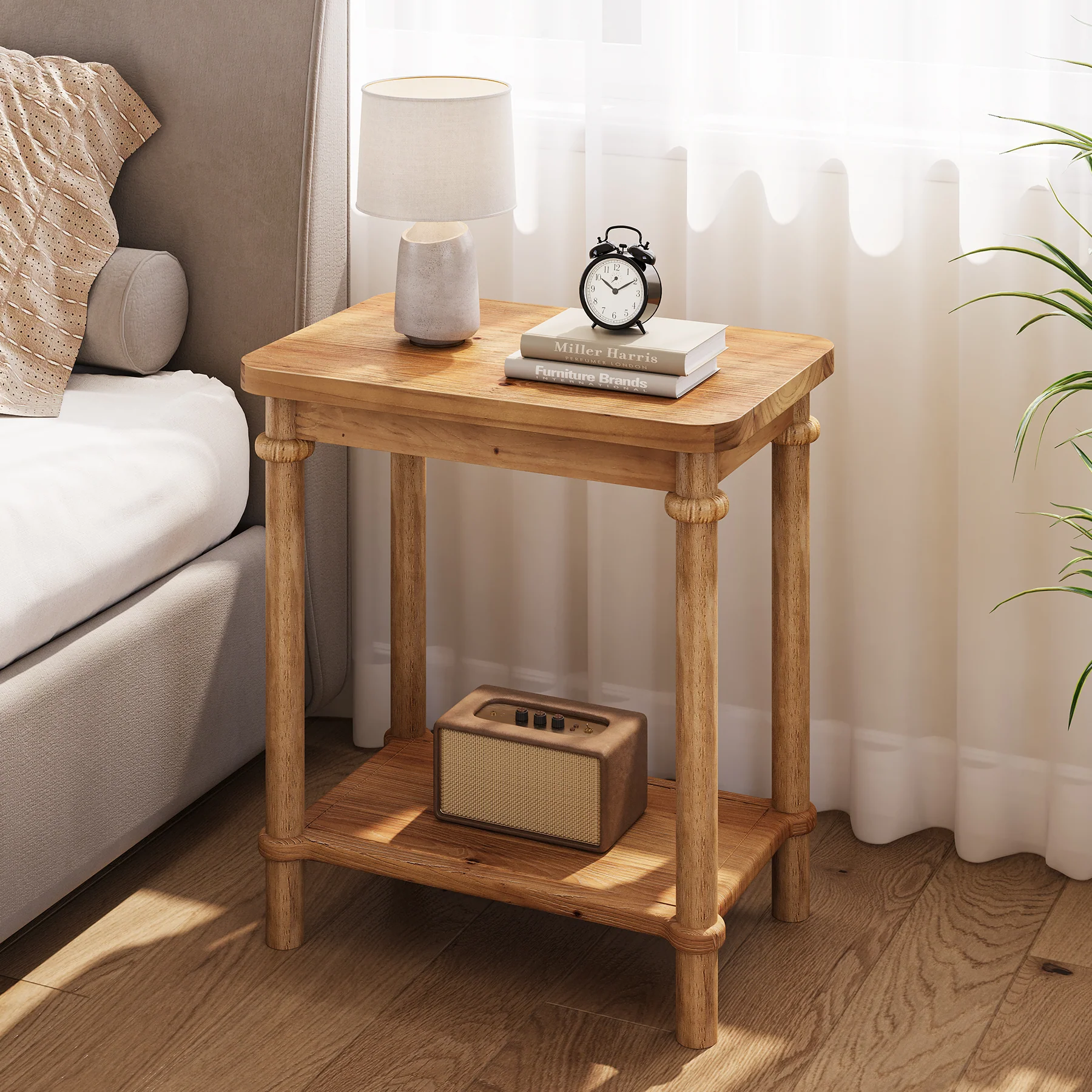 Solid Wood End Table, 2-Tier Oval Side Table with Storage Shelves - Image 3