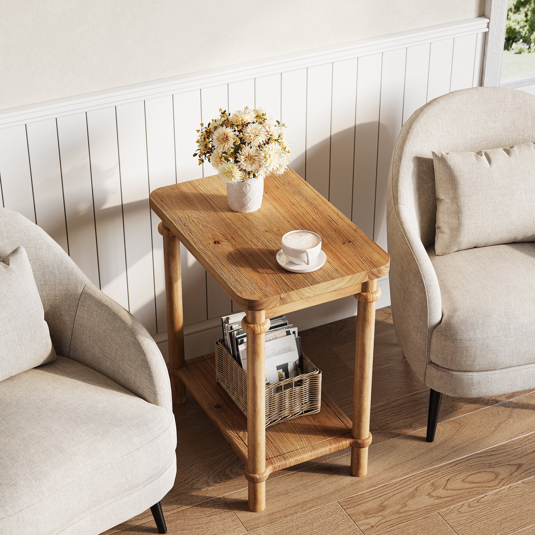 Solid Wood End Table, 2-Tier Oval Side Table with Storage Shelves - Image 4
