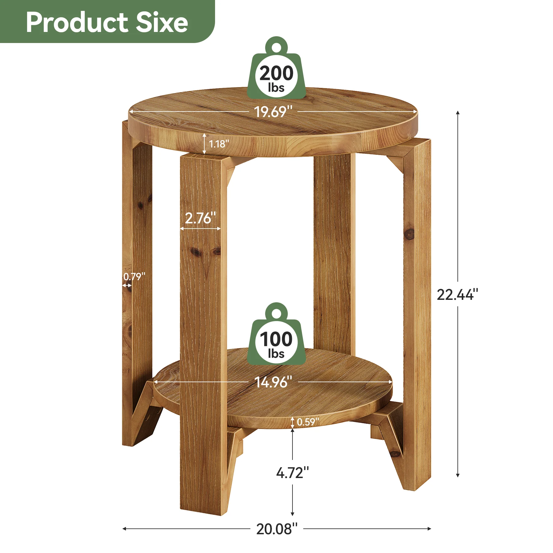 Solid Wood End Table, 2-Tier Round Sofa Side Table Nightstand with Storage - Image 2