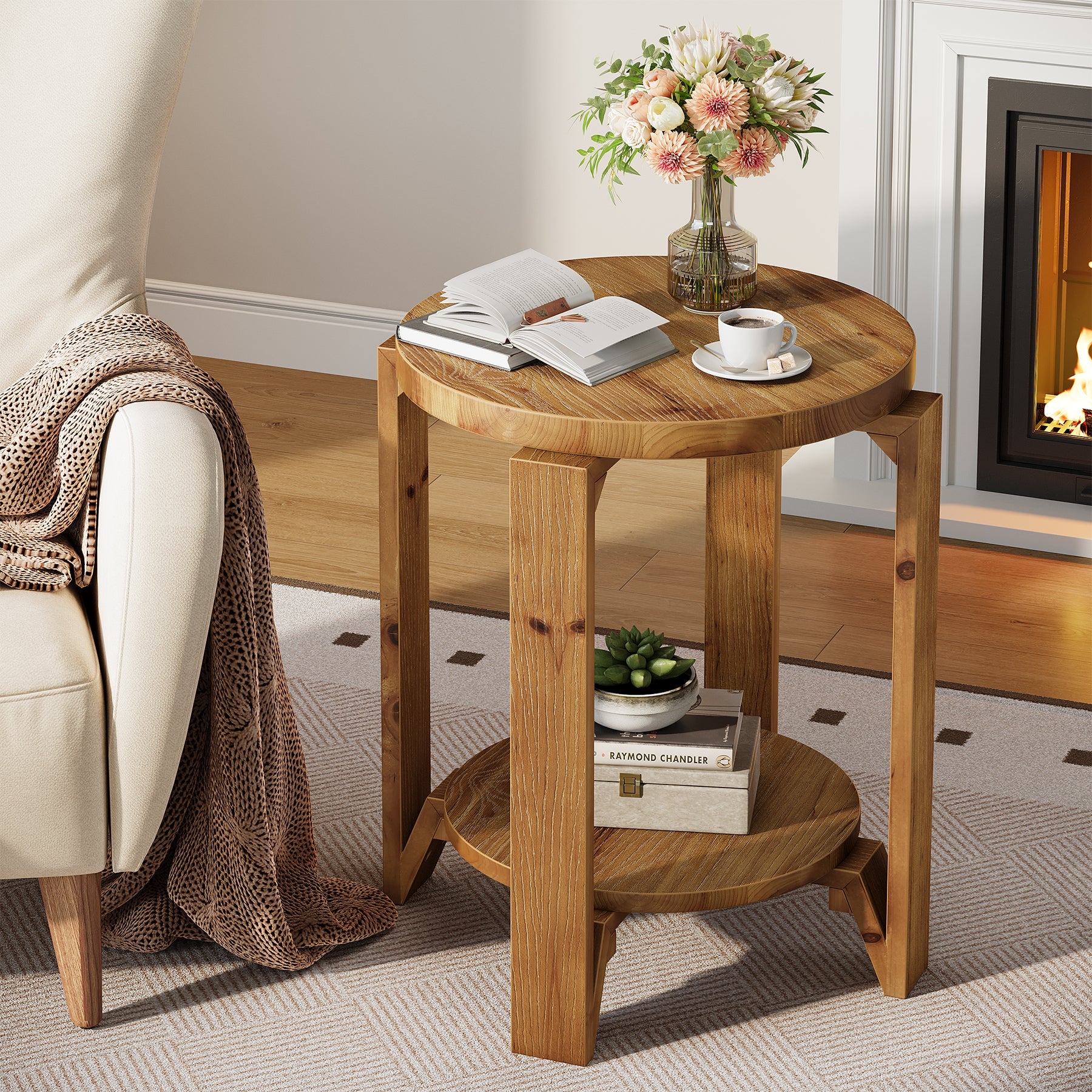 Solid Wood End Table, 2-Tier Round Sofa Side Table Nightstand with Storage - Image 3