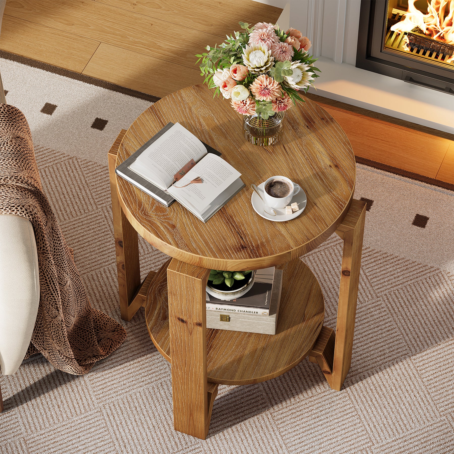 Solid Wood End Table, 2-Tier Round Sofa Side Table Nightstand with Storage - Image 4