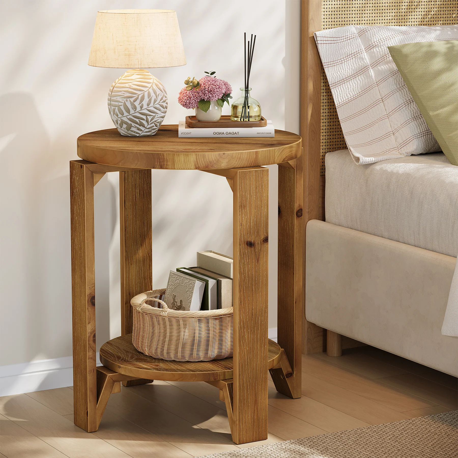 Solid Wood End Table, 2-Tier Round Sofa Side Table Nightstand with Storage - Image 5