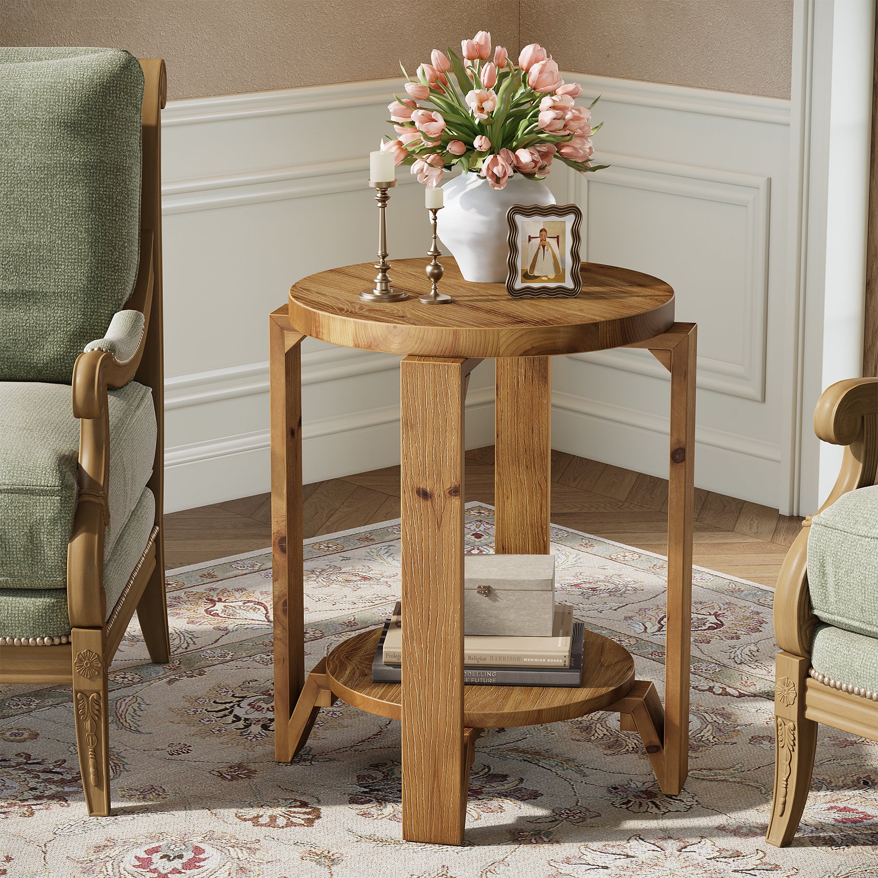Solid Wood End Table, 2-Tier Round Sofa Side Table Nightstand with Storage - Image 6