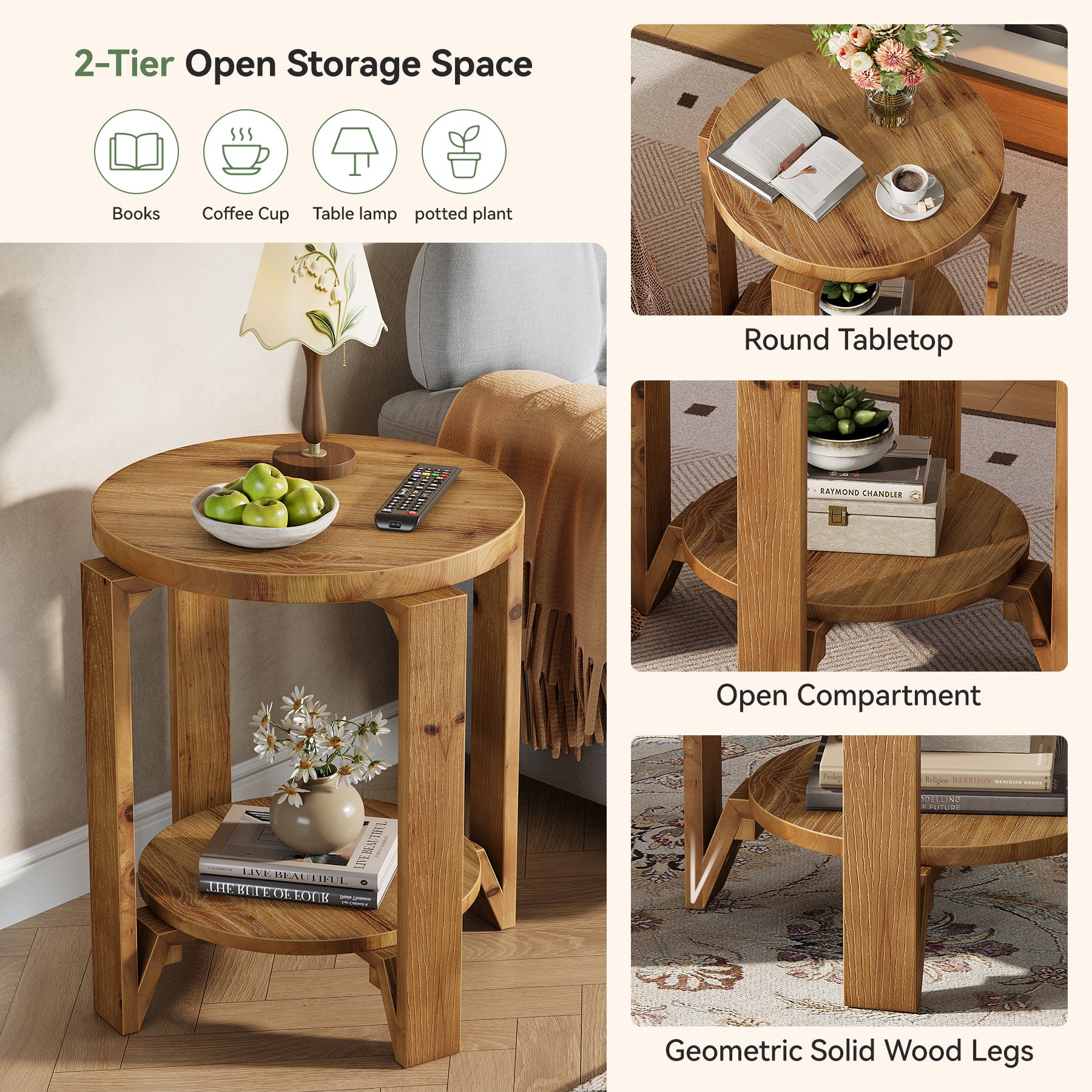 Solid Wood End Table, 2-Tier Round Sofa Side Table Nightstand with Storage - Image 7