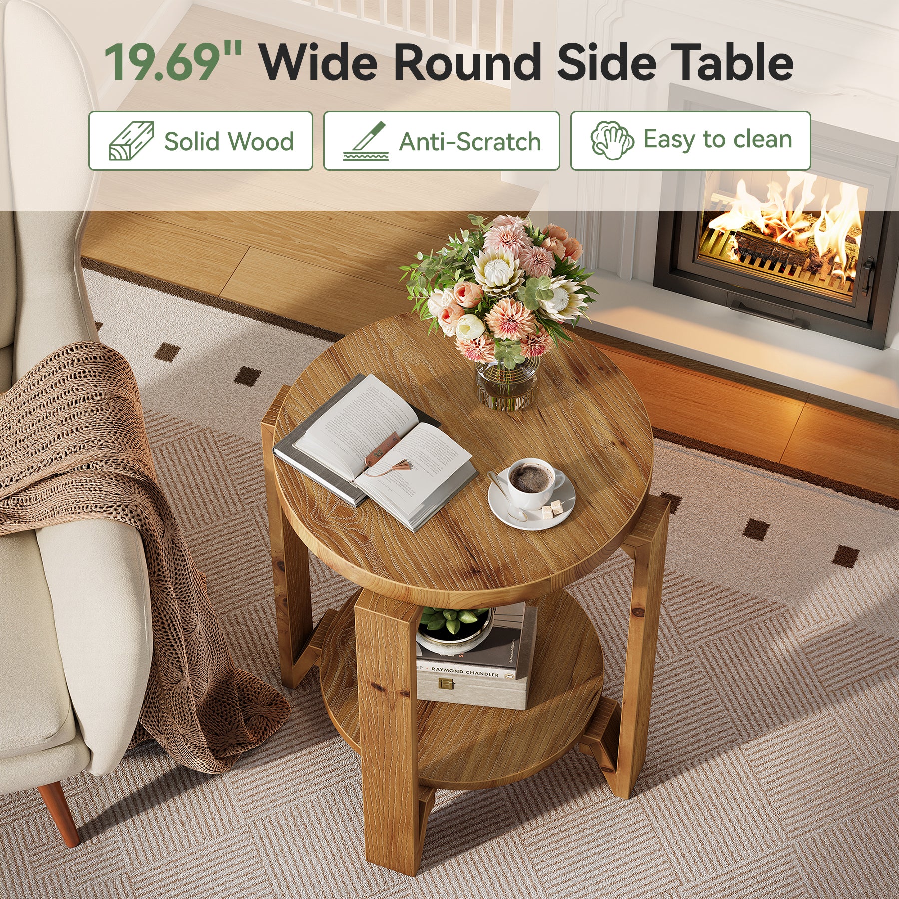 Solid Wood End Table, 2-Tier Round Sofa Side Table Nightstand with Storage - Image 9