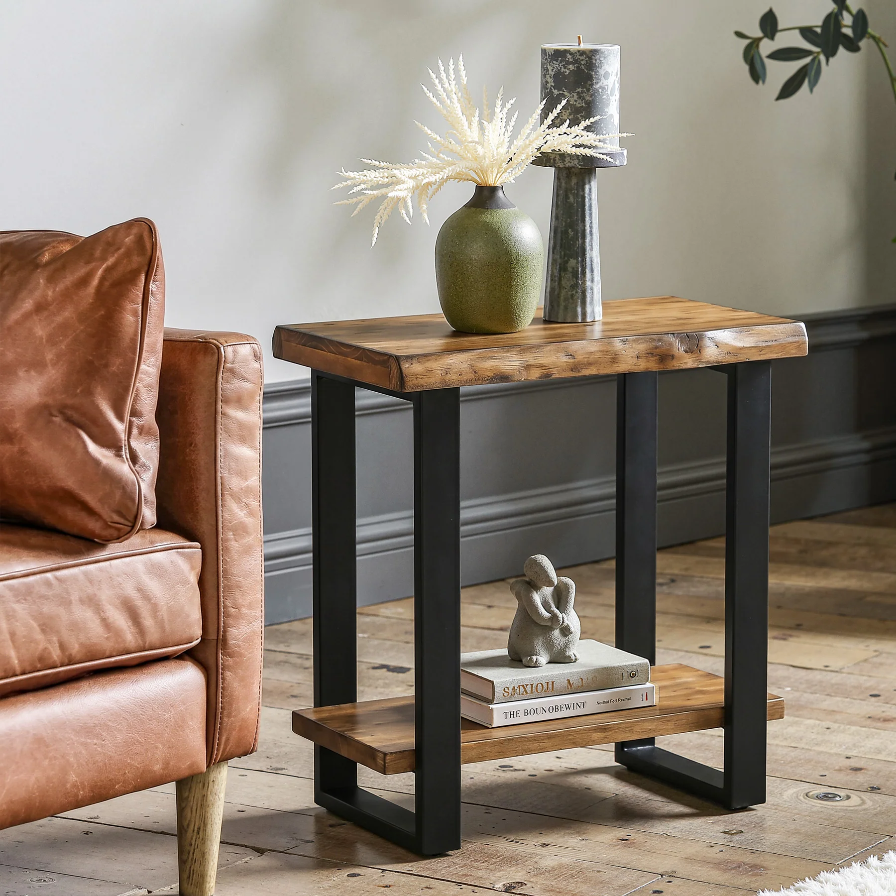 Solid Wood End Table, 2-Tier Side Table Nightstand with Iron Frame