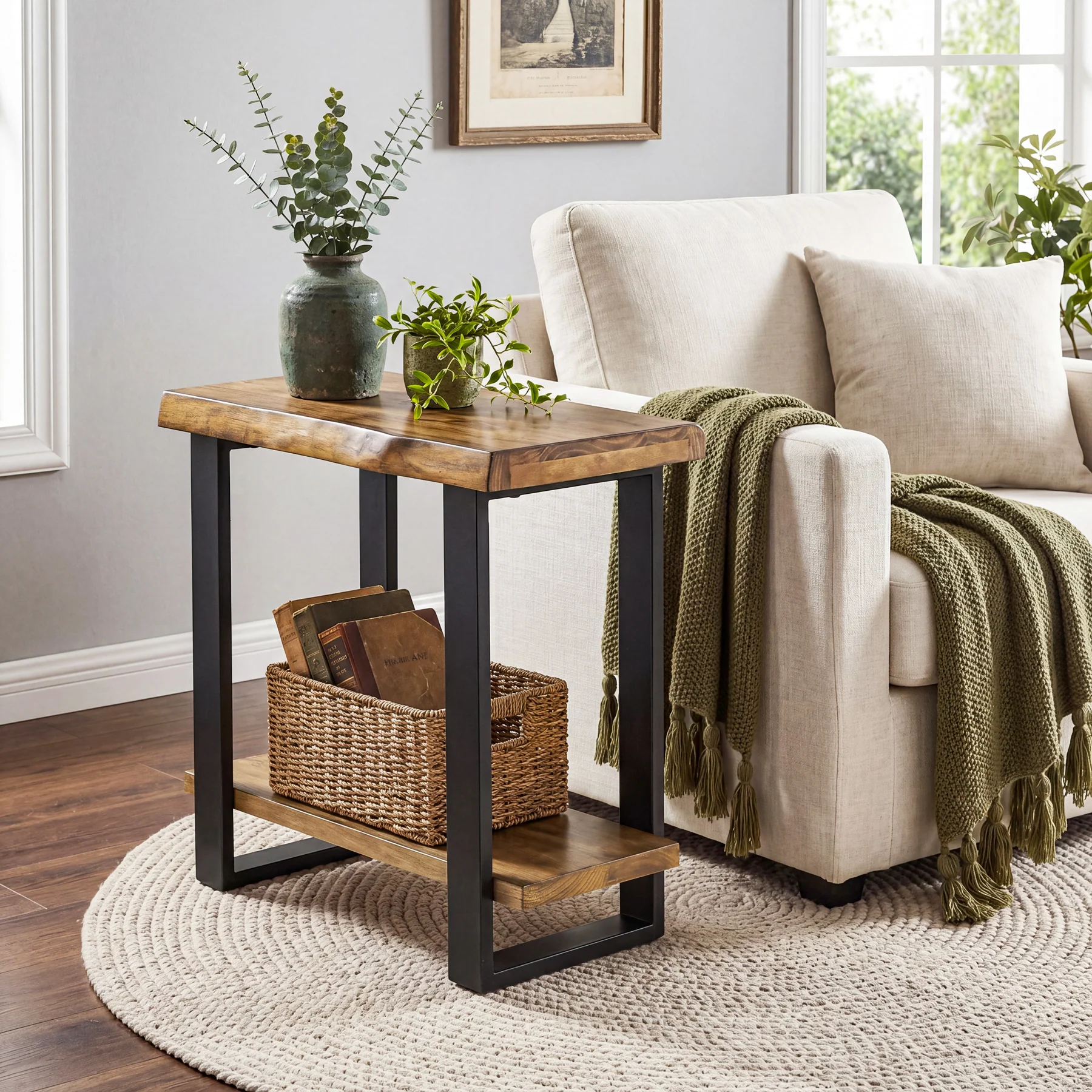 Solid Wood End Table, 2-Tier Side Table Nightstand with Iron Frame - Image 3
